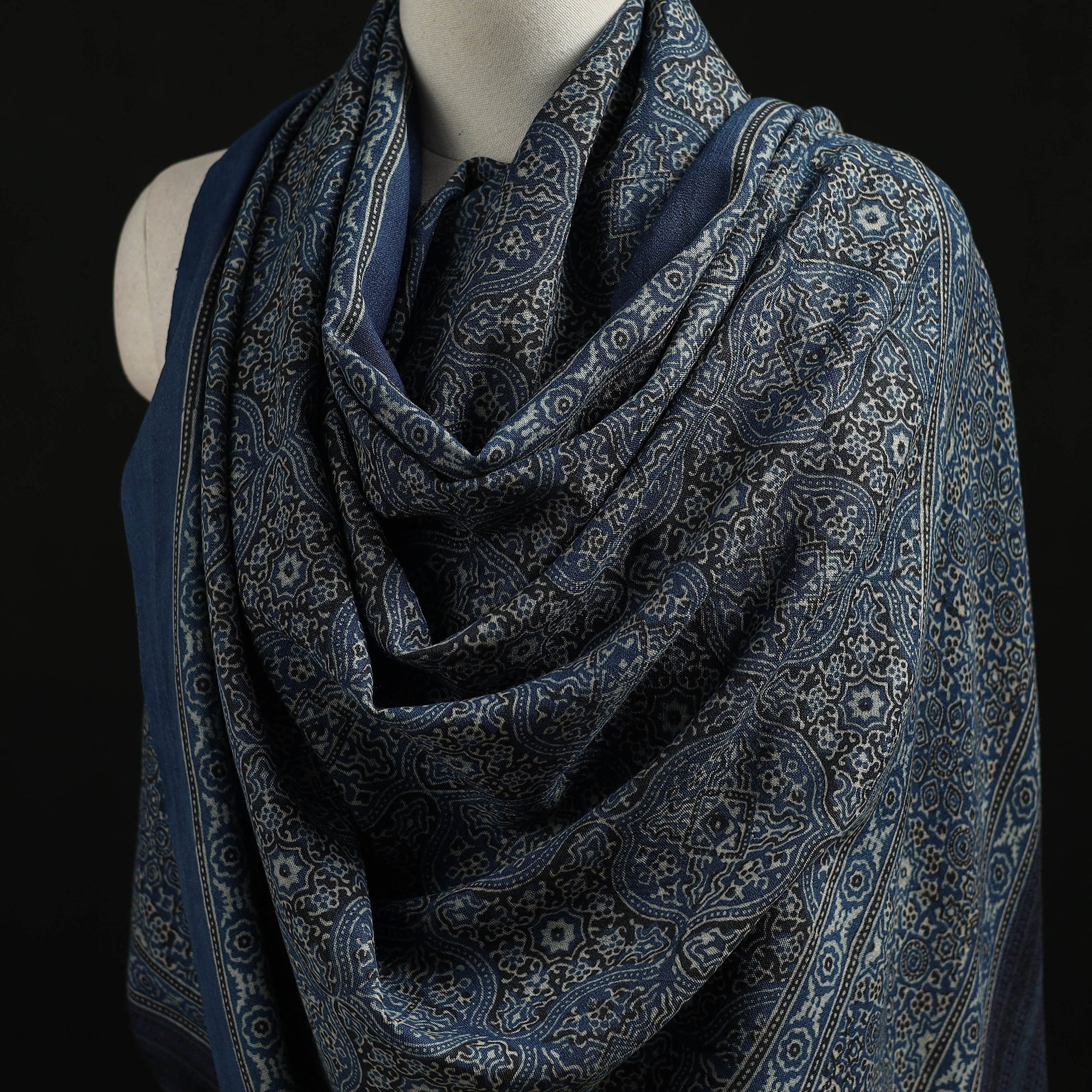 Blue - Kutch Handwoven Ajrakh Hand Block Print Merino Wool Shawl  43 - Image 2