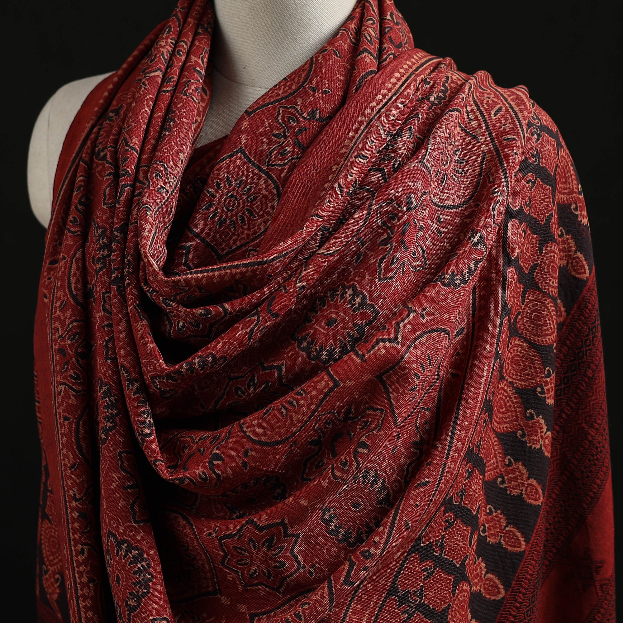 Red - Kutch Handwoven Ajrakh Hand Block Print Merino Wool Shawl  45 - Image 2