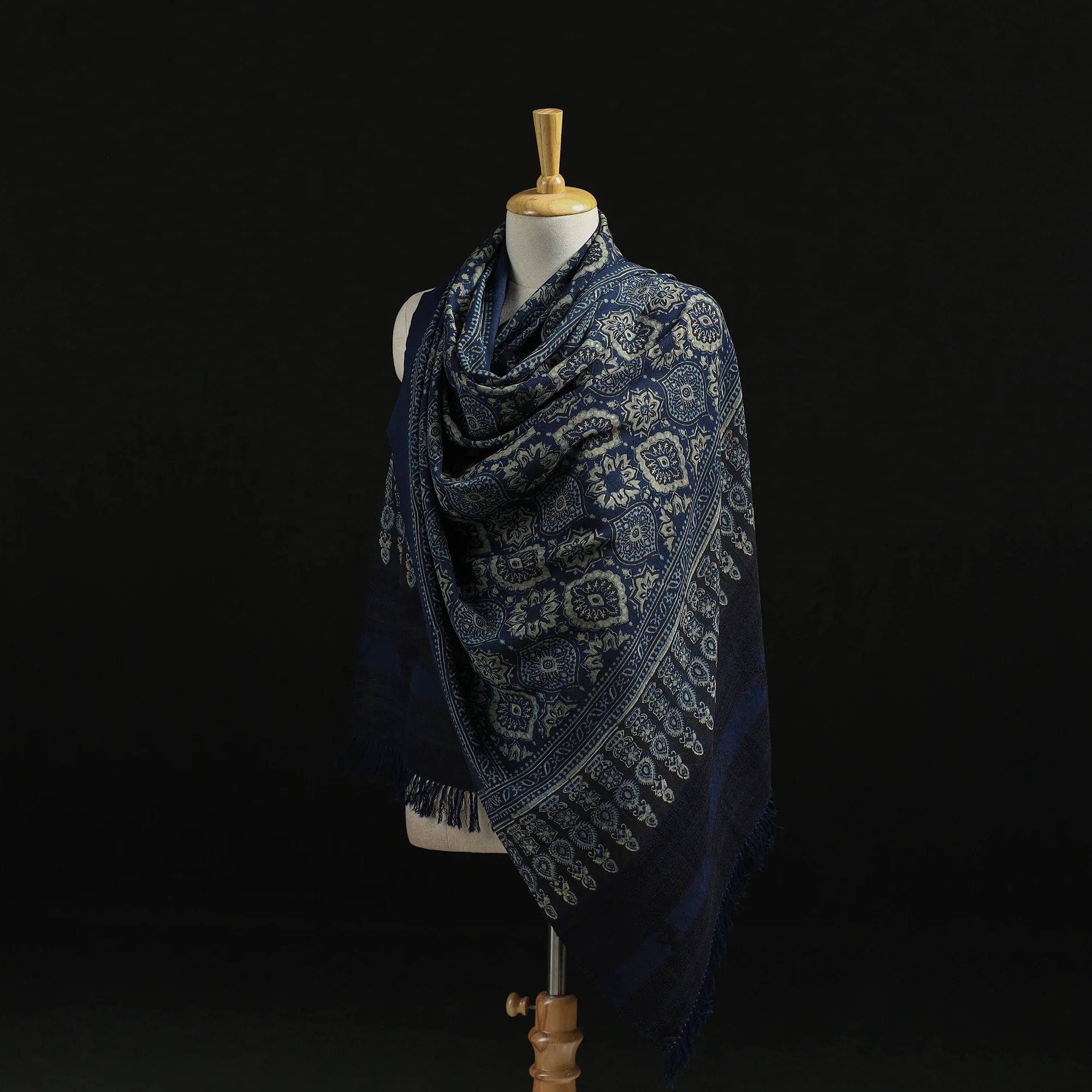 Blue - Kutch Handwoven Ajrakh Hand Block Print Merino Wool Shawl 46