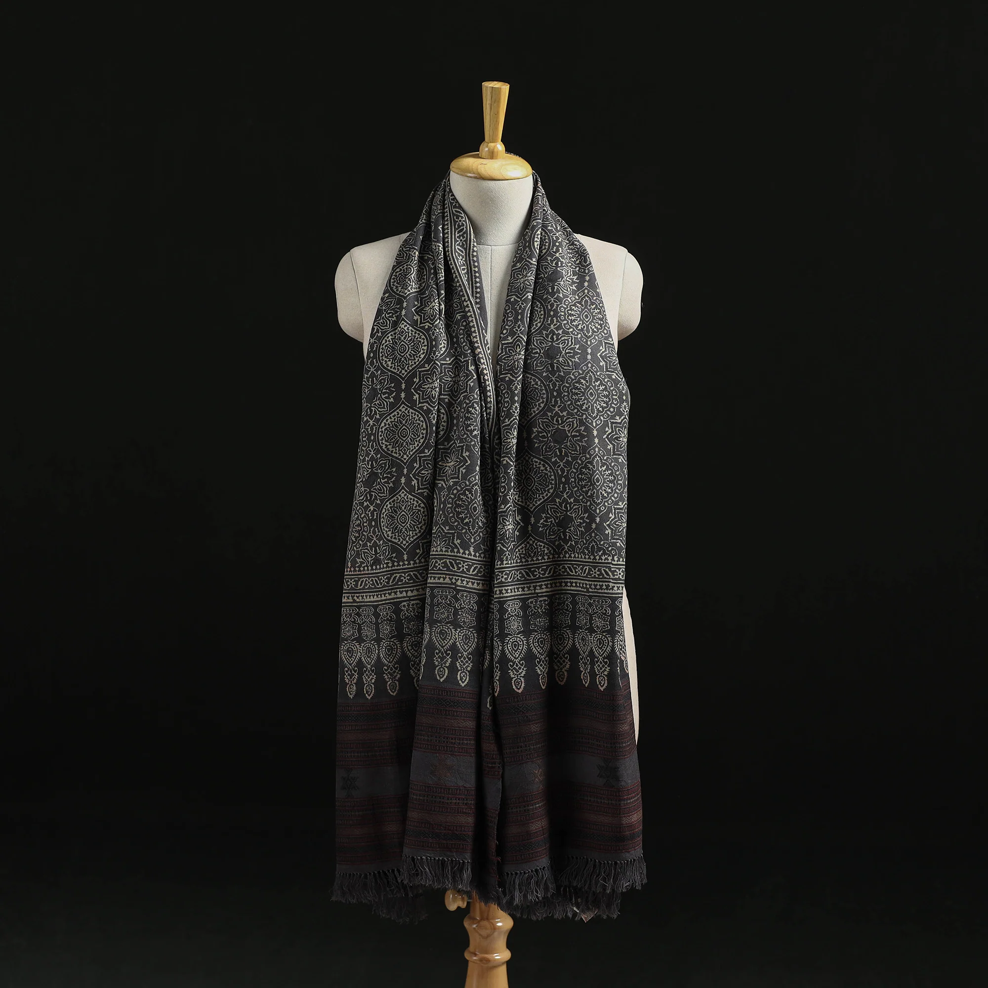 Grey - Kutch Handwoven Ajrakh Hand Block Print Merino Wool Shawl  61 - Image 3
