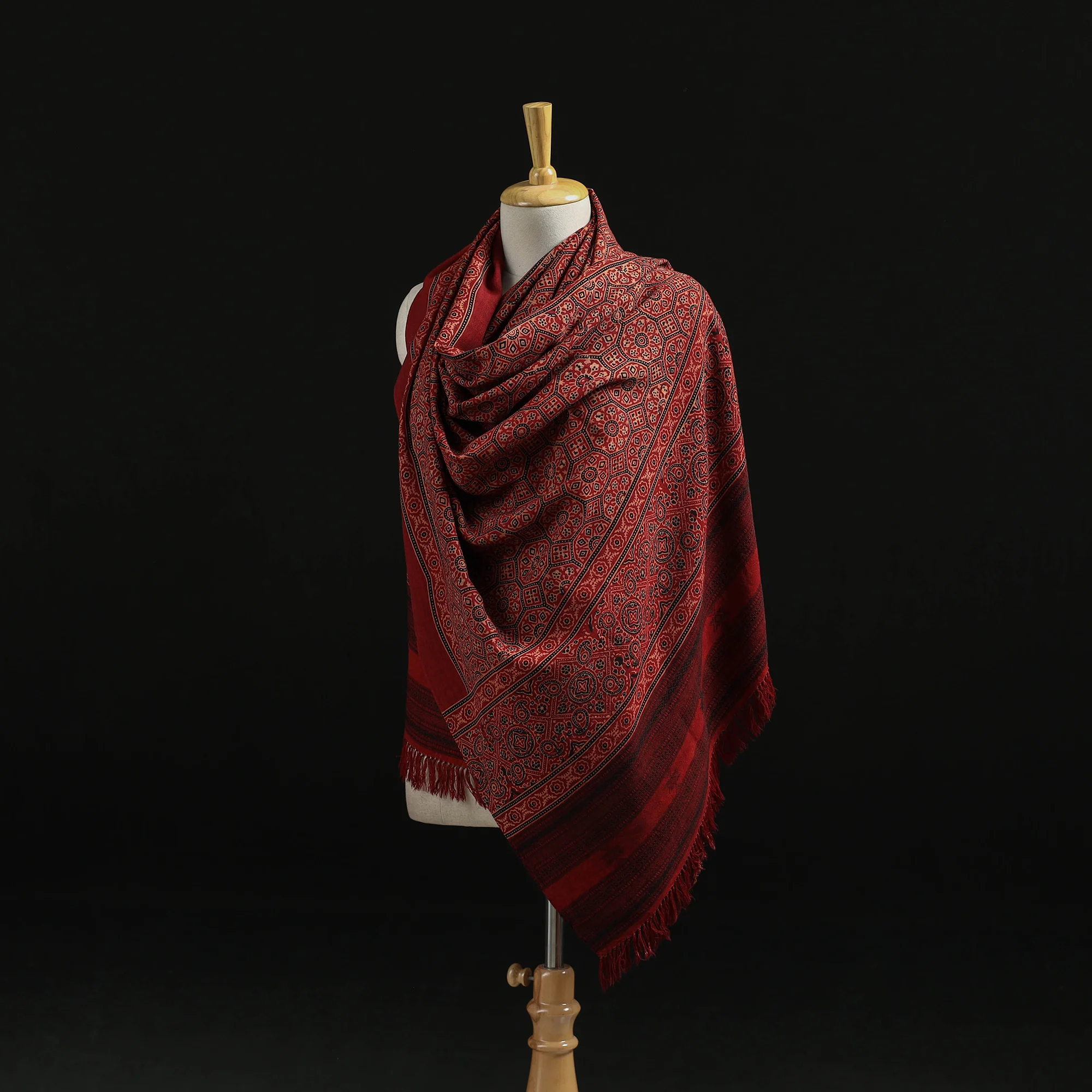 Red - Kutch Handwoven Ajrakh Hand Block Print Merino Wool Shawl 67