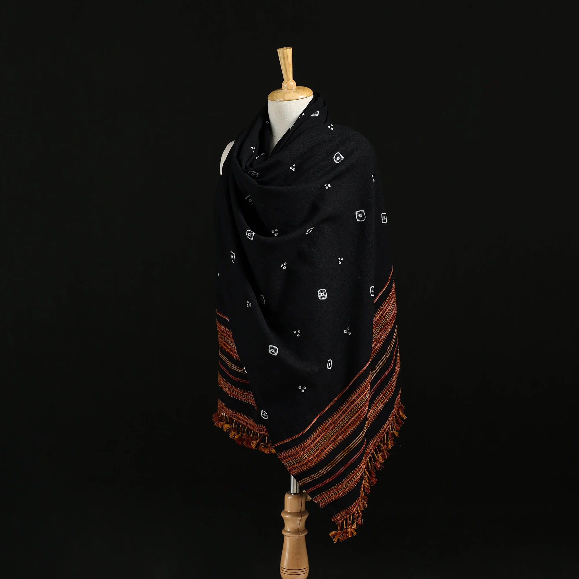 Black - Kutch Handwoven Bandhani Merino Wool Shawl 23