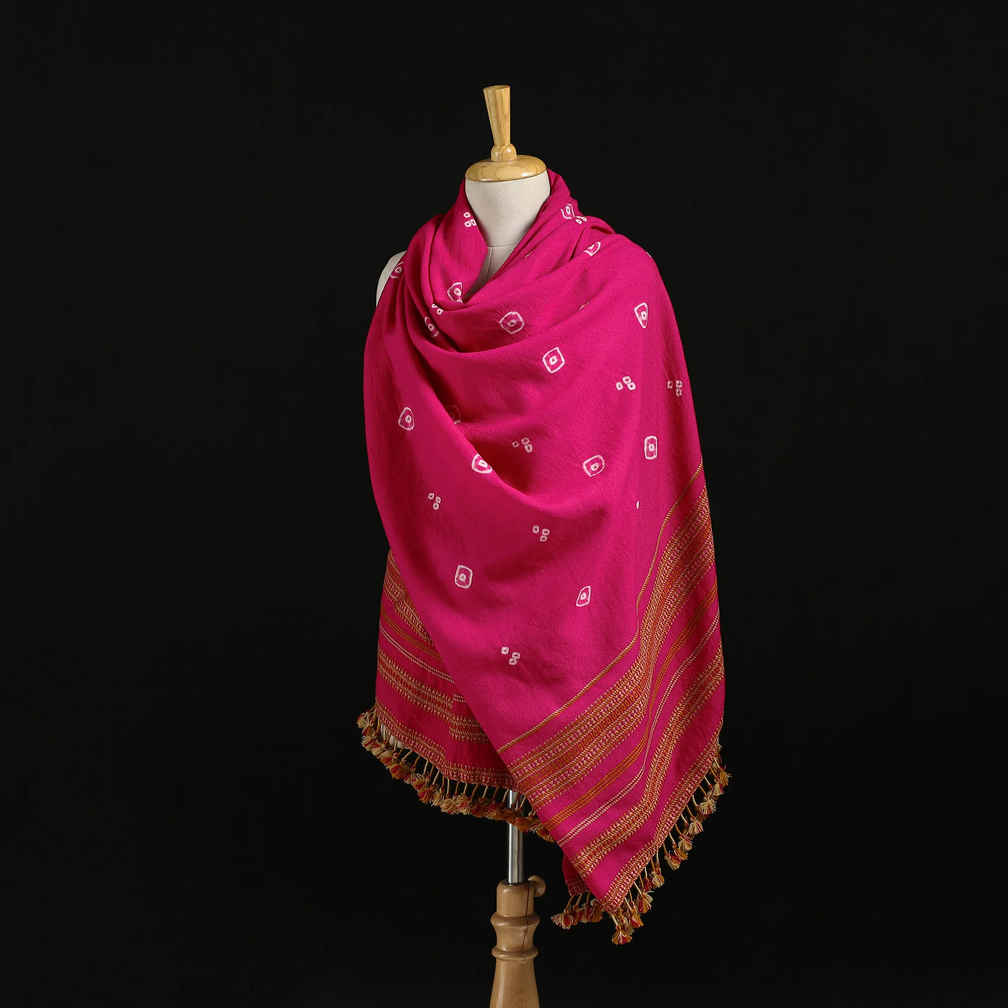 Pink - Kutch Handwoven Bandhani Merino Wool Shawl 24