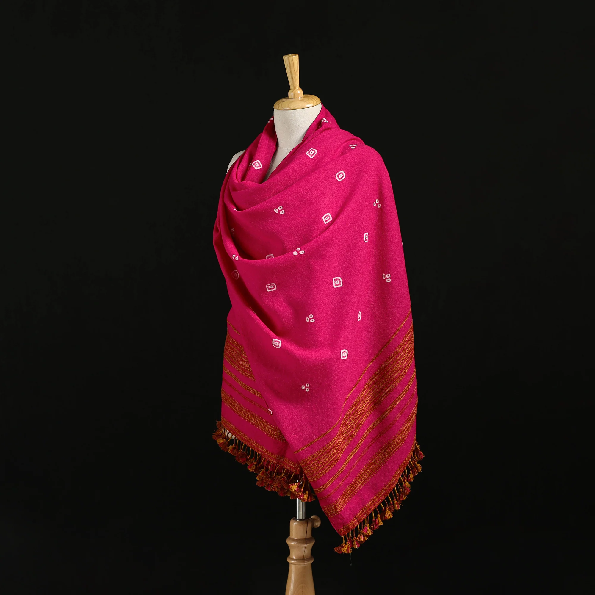 Pink - Kutch Handwoven Bandhani Merino Wool Shawl 26