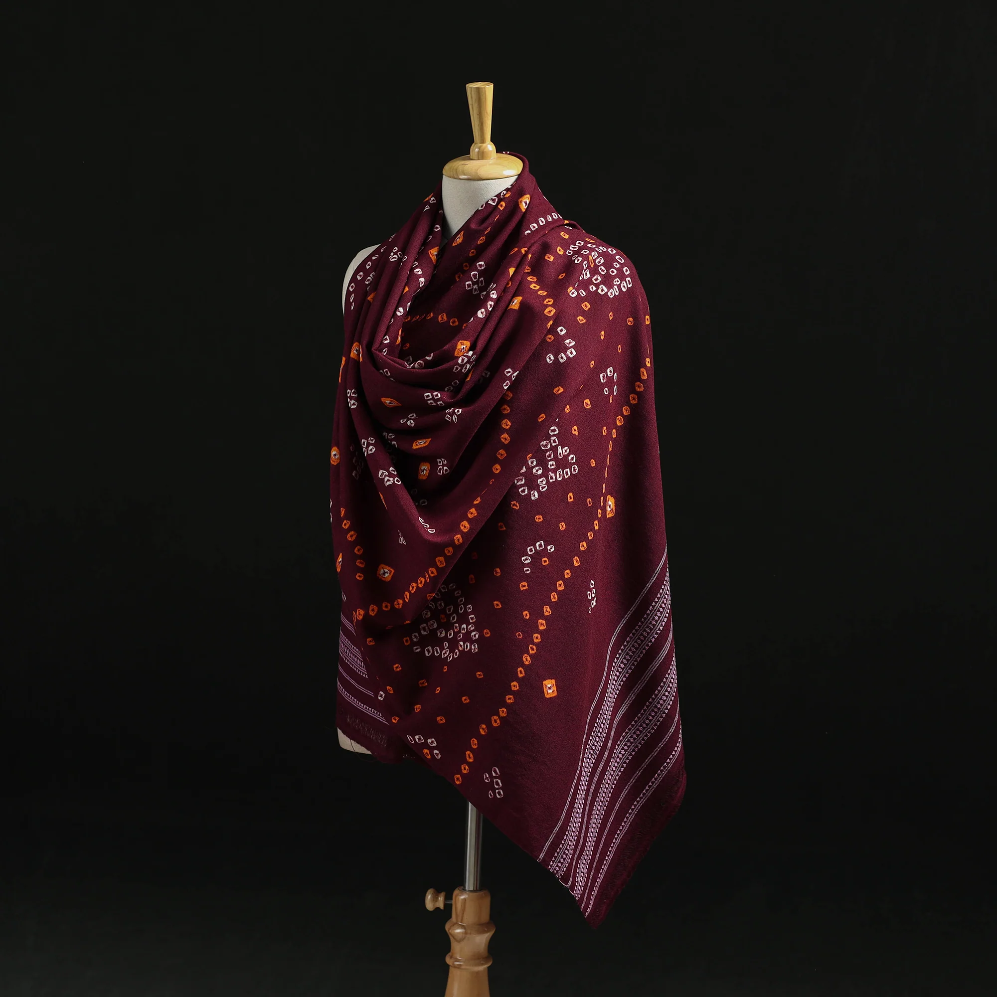 Maroon - Kutch Handwoven Bandhani Tie-Dye Merino Wool Shawl 30