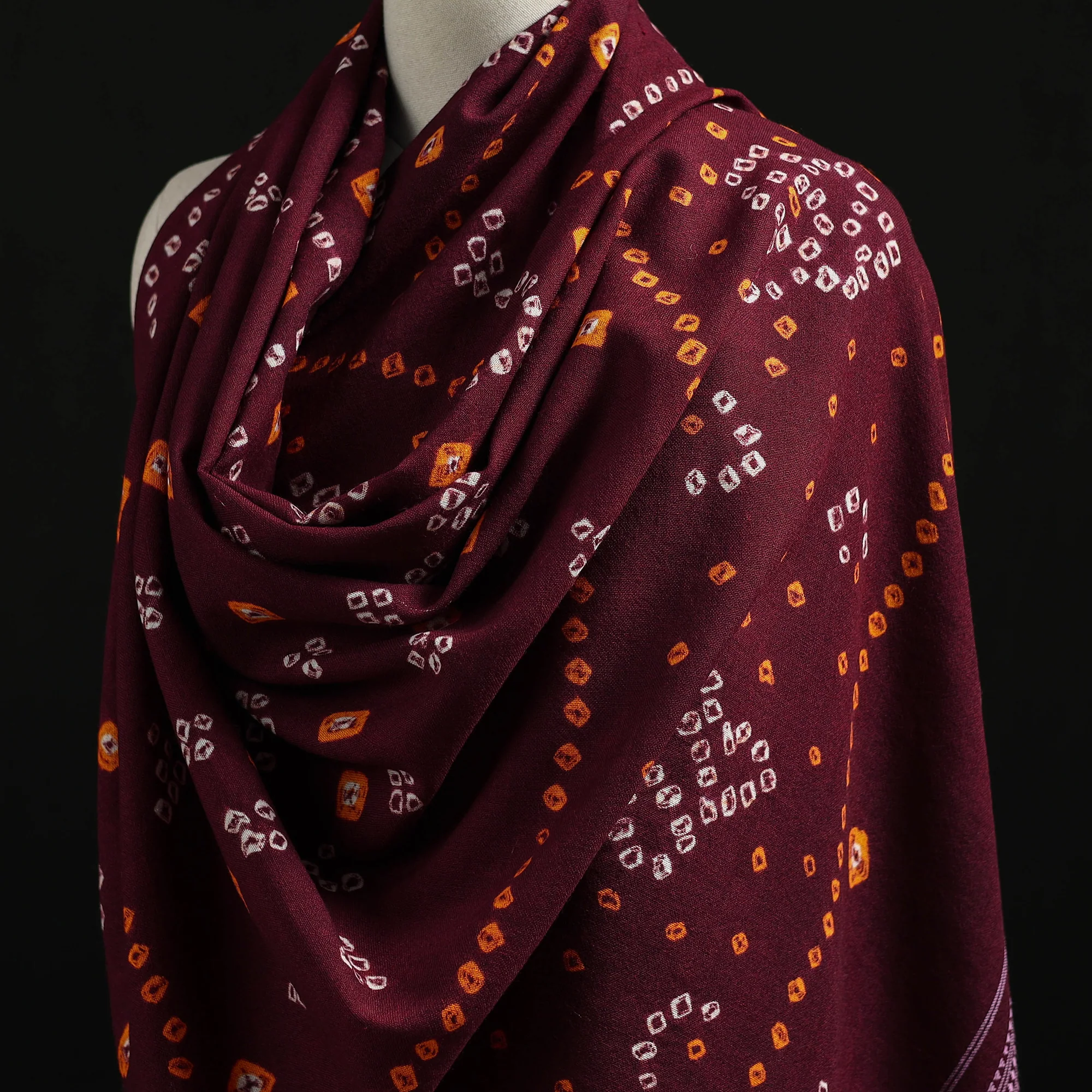 Maroon - Kutch Handwoven Bandhani Tie-Dye Merino Wool Shawl 30 - Image 2
