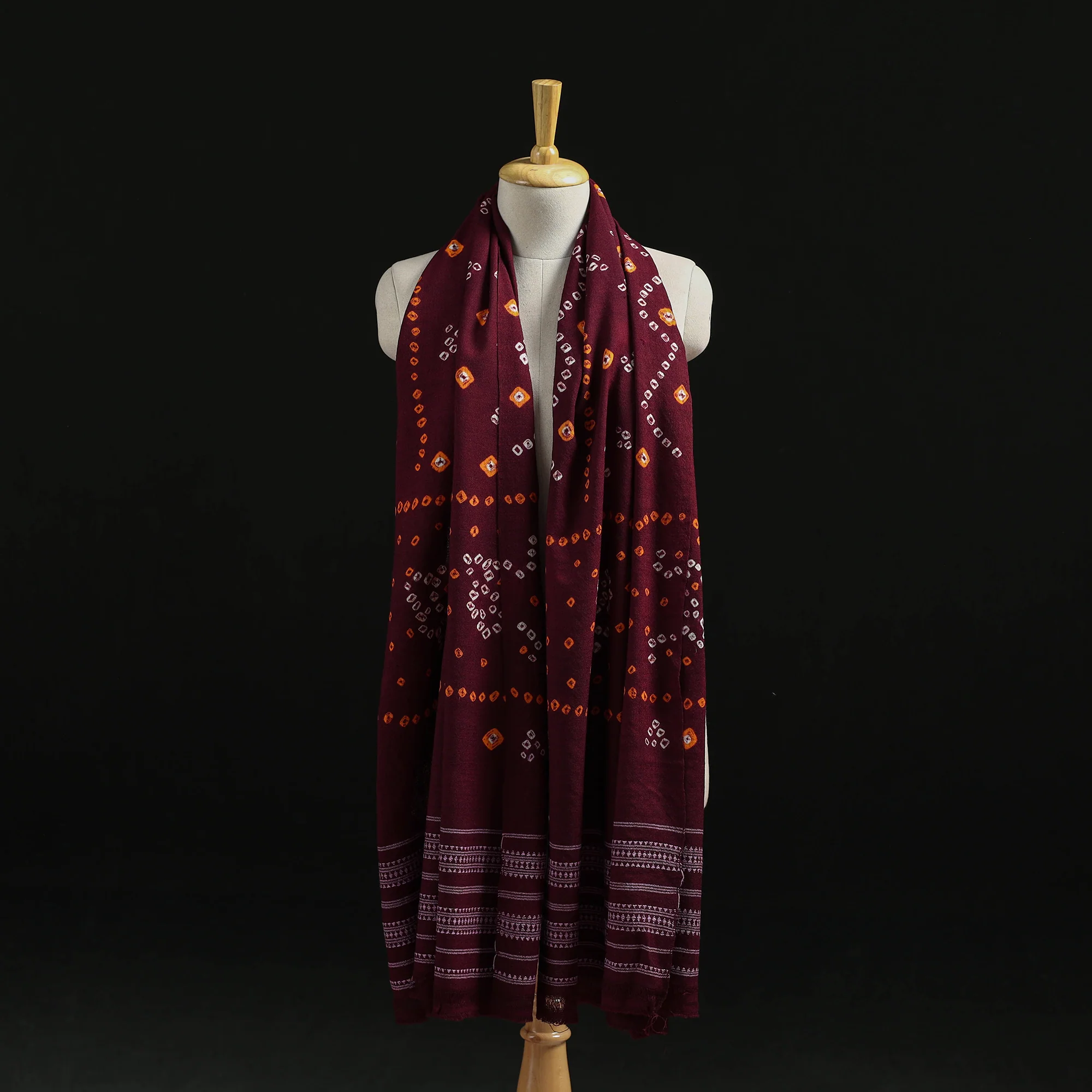 Maroon - Kutch Handwoven Bandhani Tie-Dye Merino Wool Shawl 30 - Image 3