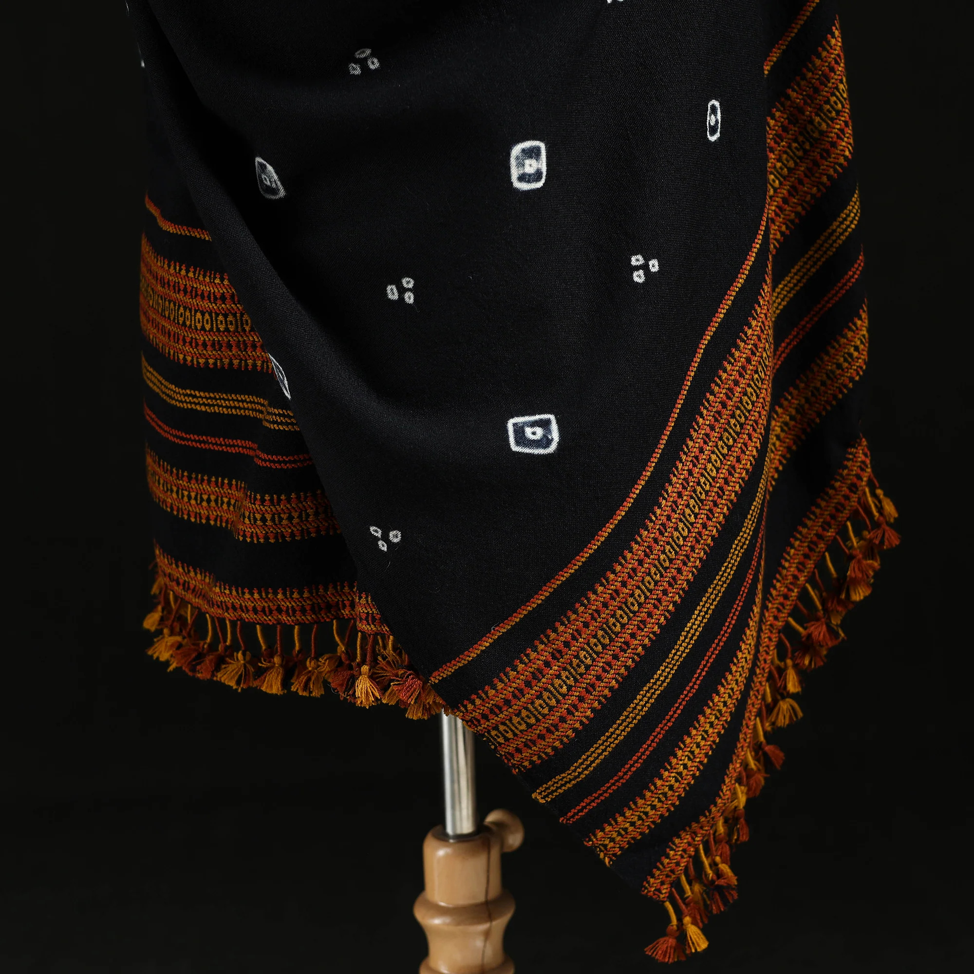 Black - Kutch Handwoven Clamp Dyed Shibori Desi Wool Shawl 54 - Image 3