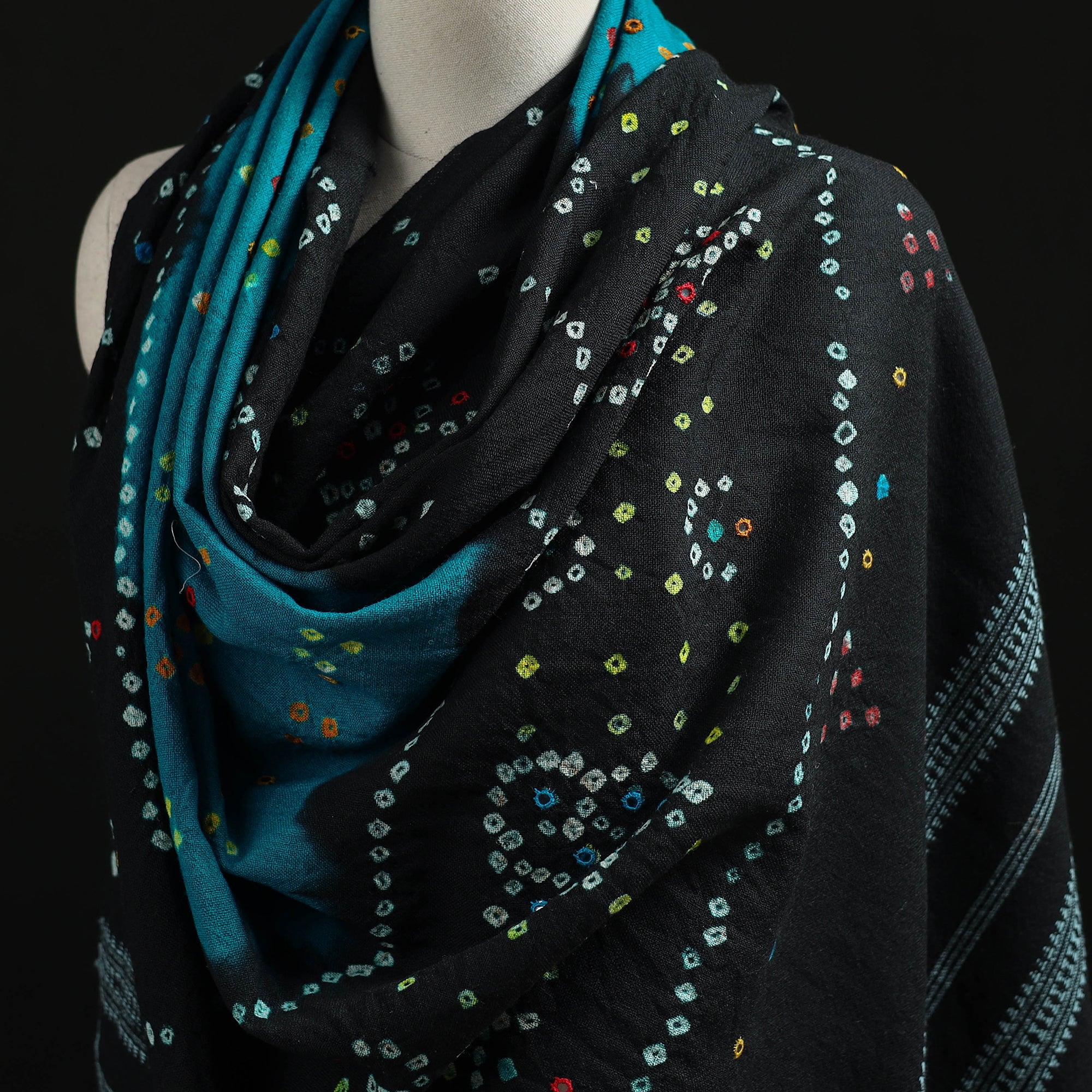 Black - Kutch Handwoven Mirror Work Bandhani Tie-Dye Bagida Merino Wool Shawl 20 - Image 2