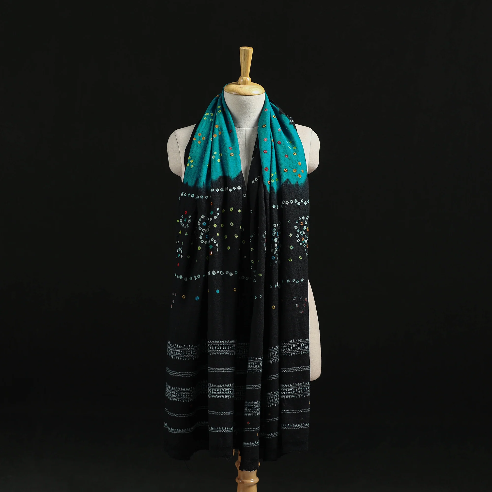Black - Kutch Handwoven Mirror Work Bandhani Tie-Dye Bagida Merino Wool Shawl 20 - Image 3