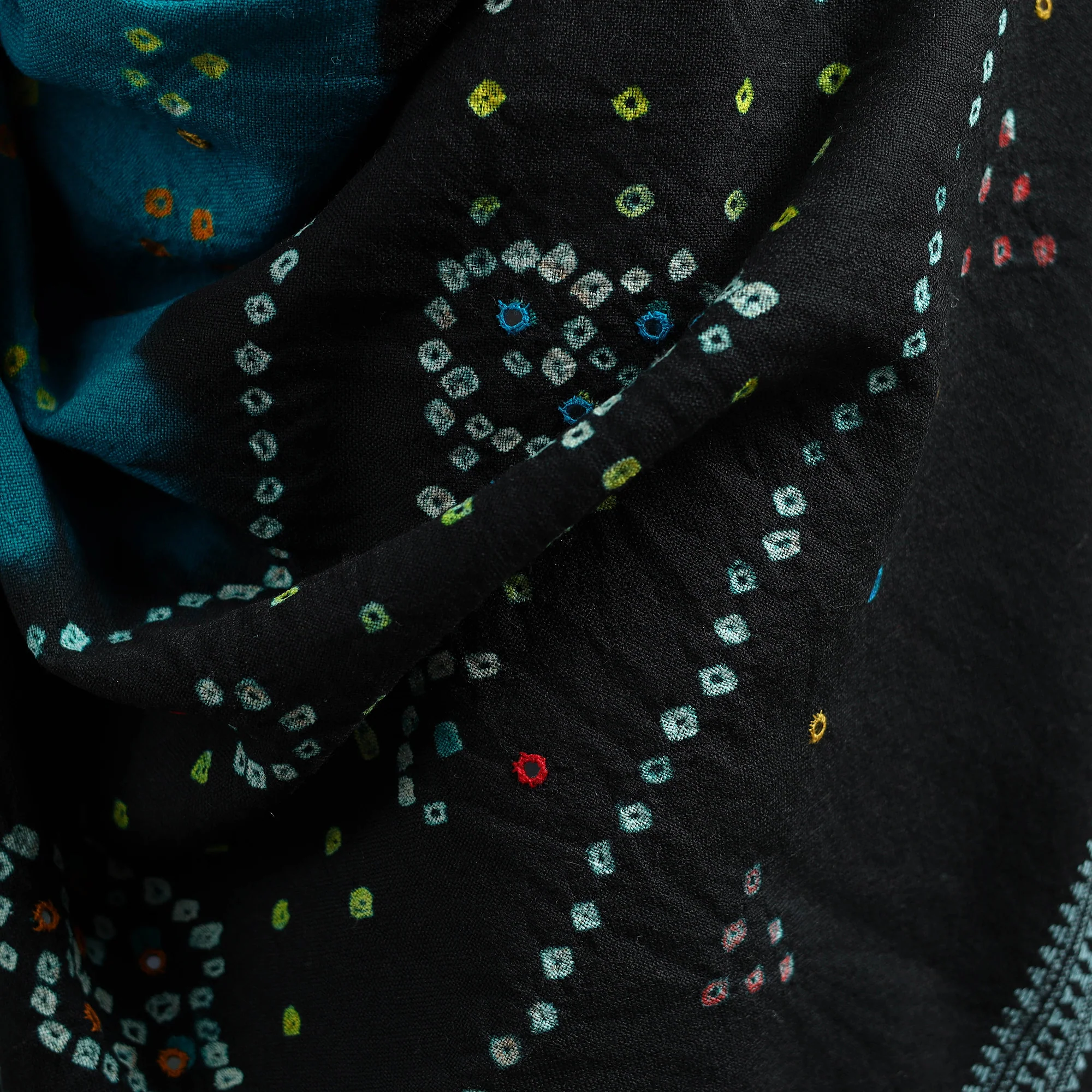 Black - Kutch Handwoven Mirror Work Bandhani Tie-Dye Bagida Merino Wool Shawl 20 - Image 4