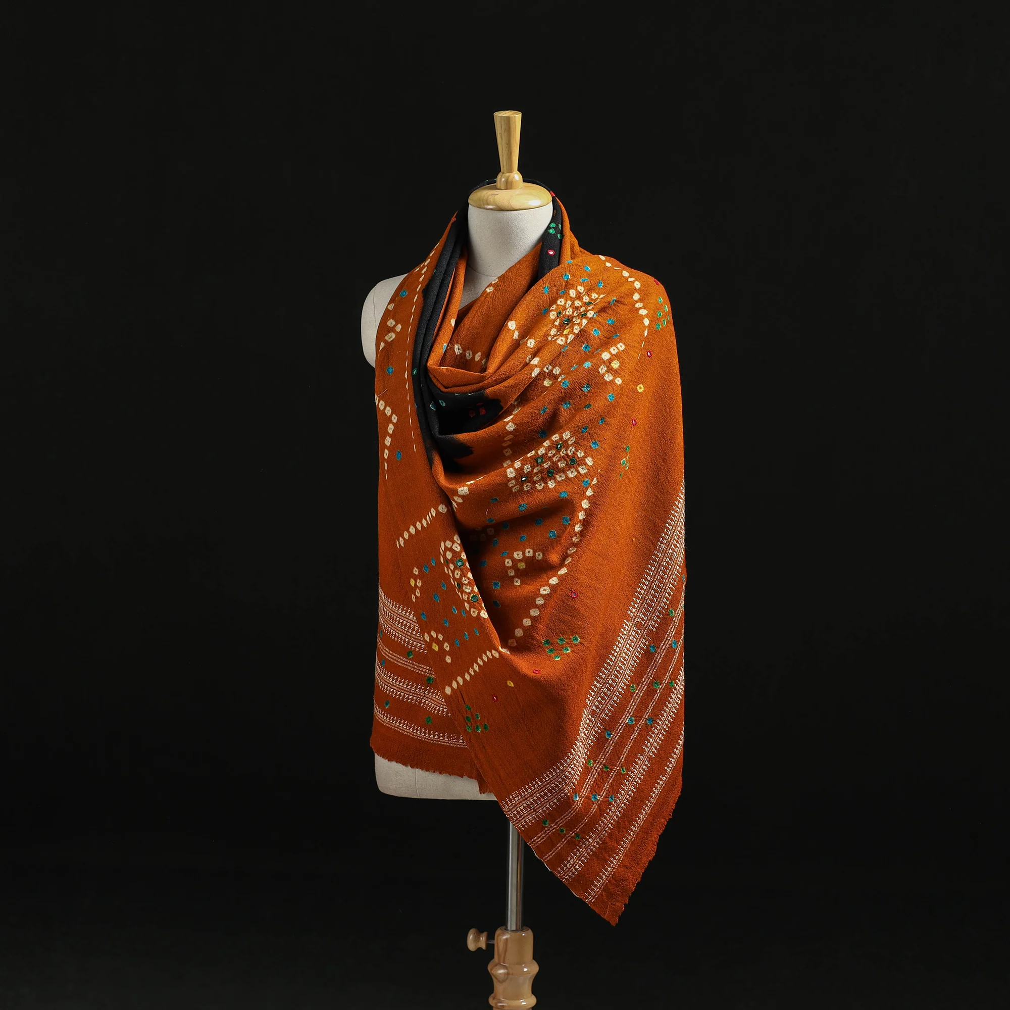 Brown - Kutch Handwoven Mirror Work Bandhani Tie-Dye Bagida Merino Wool Shawl 21