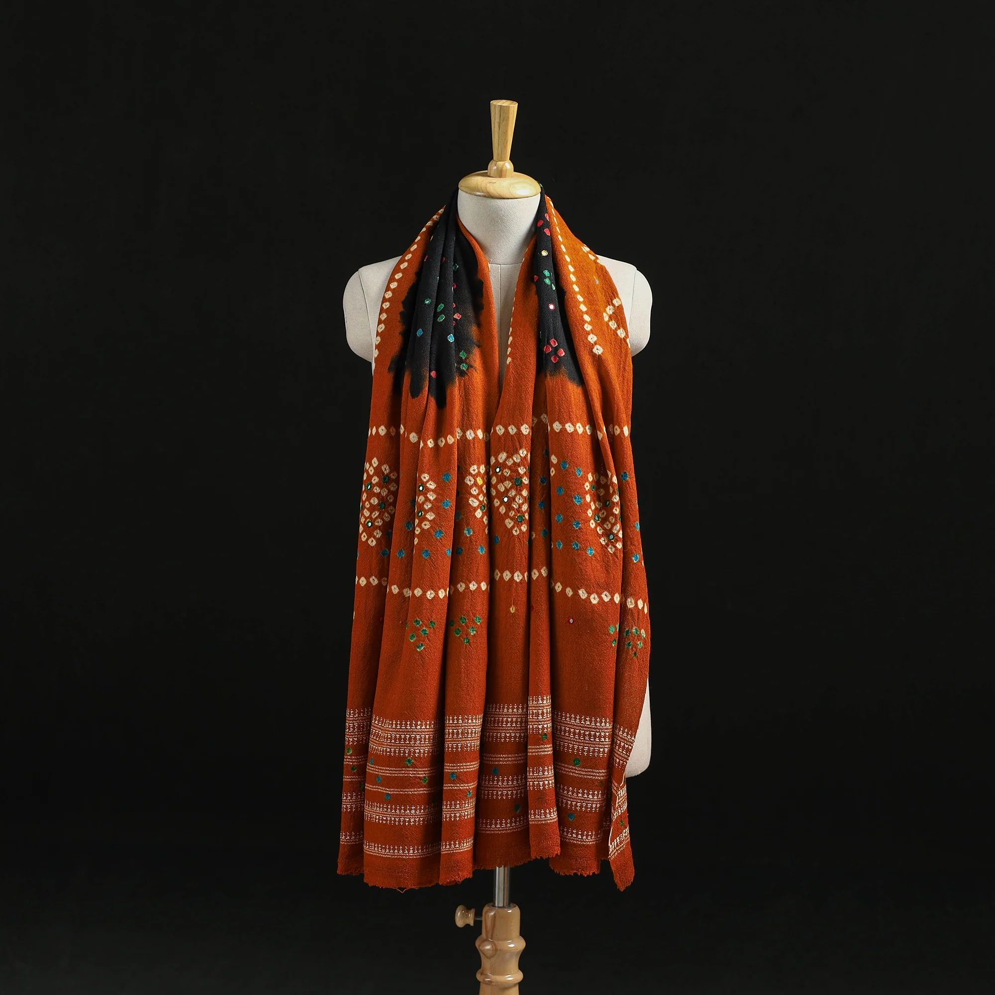 Brown - Kutch Handwoven Mirror Work Bandhani Tie-Dye Bagida Merino Wool Shawl 21 - Image 3