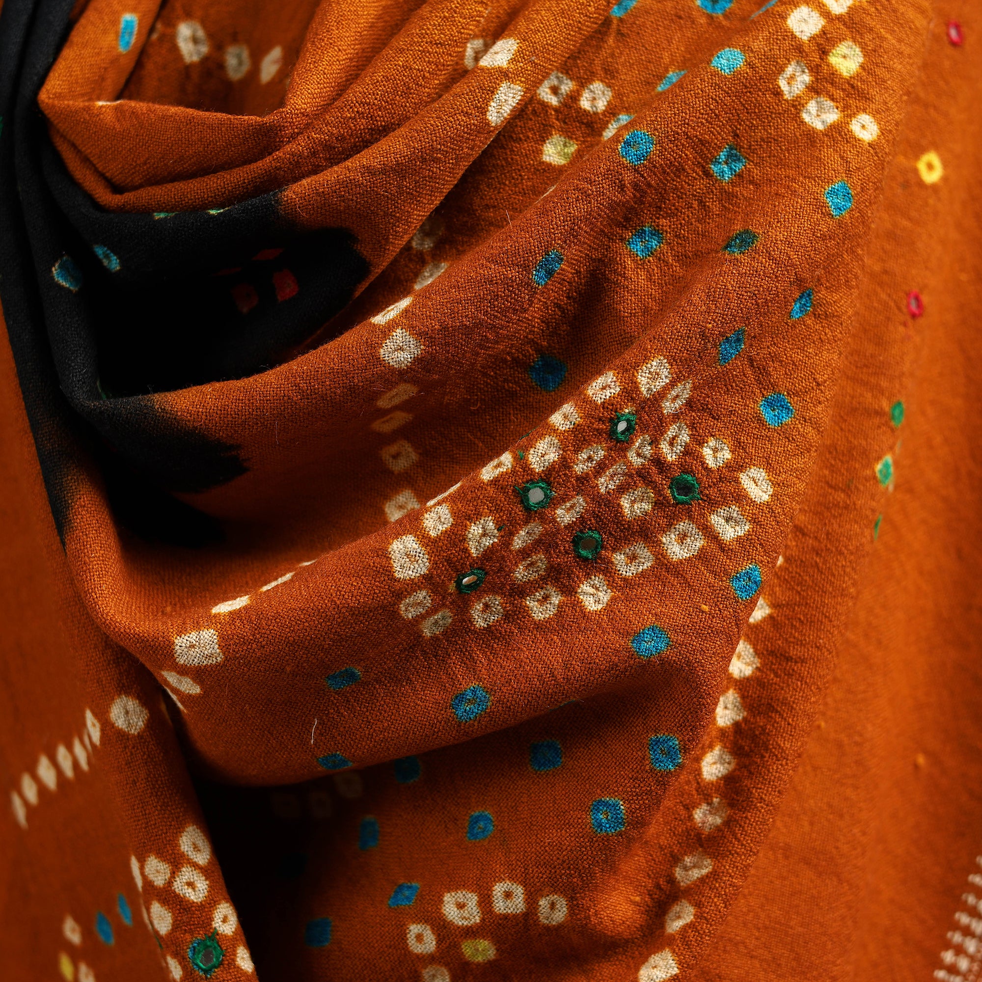 Brown - Kutch Handwoven Mirror Work Bandhani Tie-Dye Bagida Merino Wool Shawl 21 - Image 4