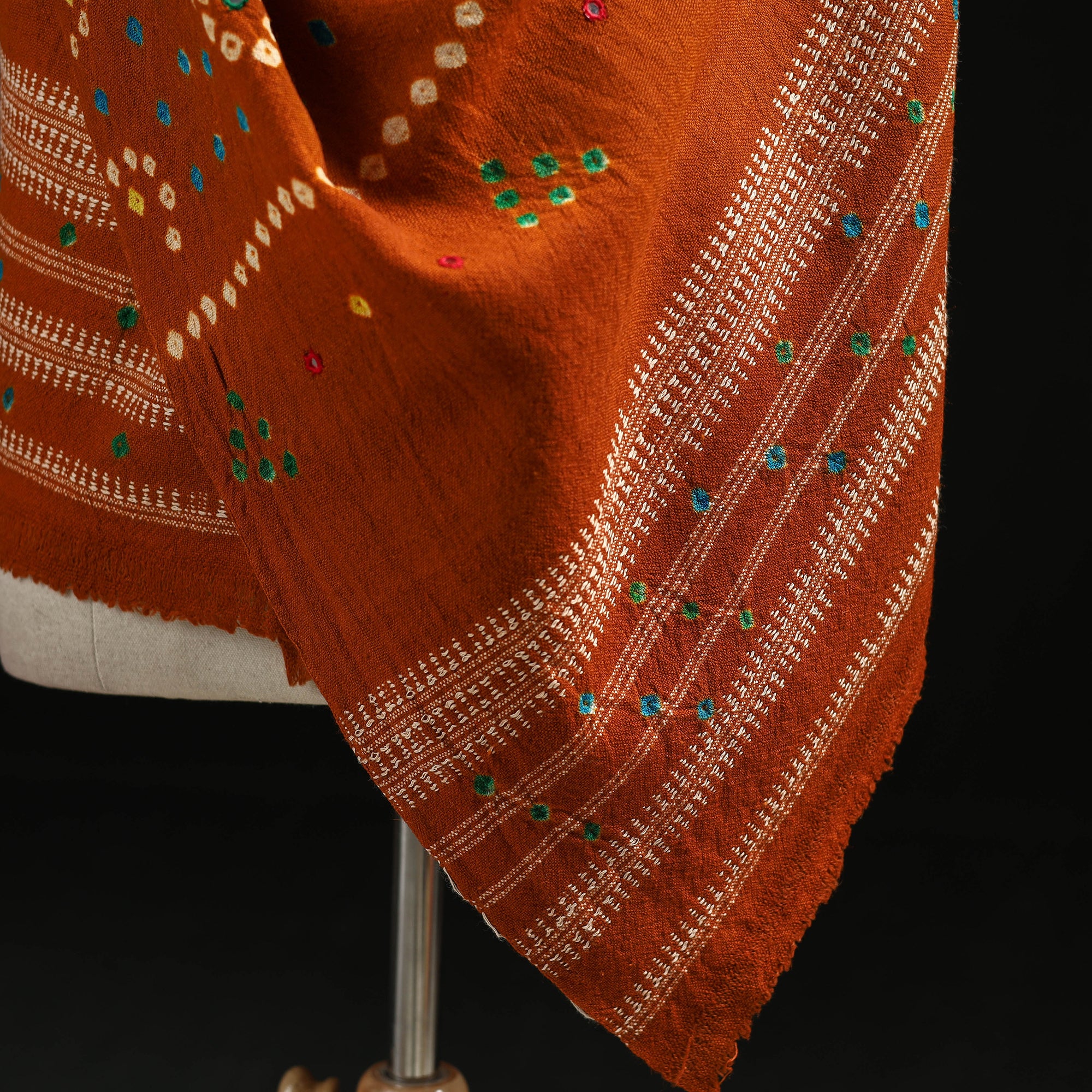 Brown - Kutch Handwoven Mirror Work Bandhani Tie-Dye Bagida Merino Wool Shawl 21 - Image 5