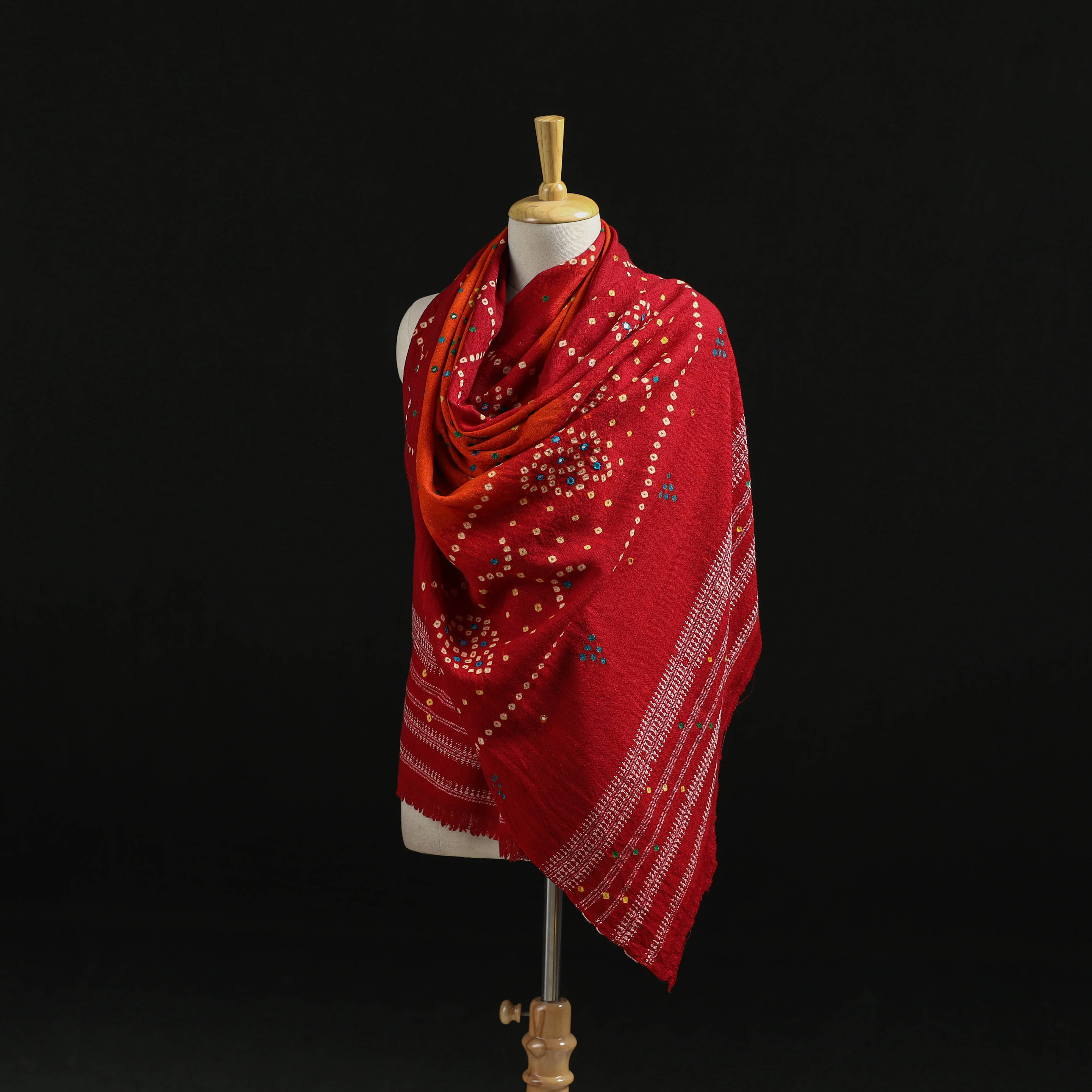 Red - Kutch Handwoven Mirror Work Bandhani Tie-Dye Bagida Merino Wool Shawl 24