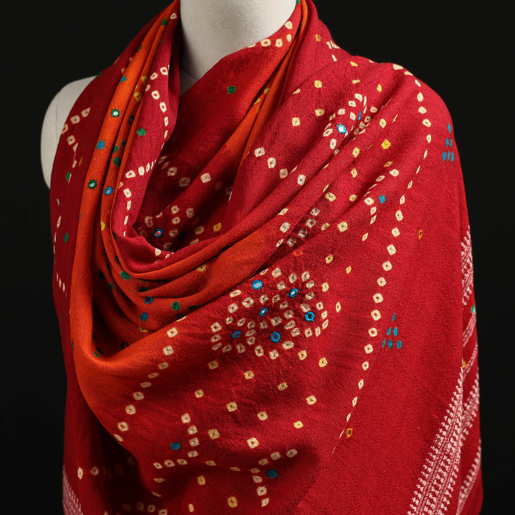 Red - Kutch Handwoven Mirror Work Bandhani Tie-Dye Bagida Merino Wool Shawl 24 - Image 2