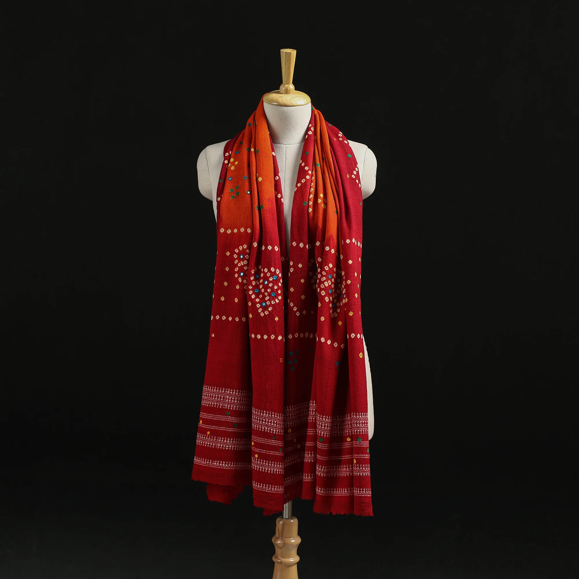 Red - Kutch Handwoven Mirror Work Bandhani Tie-Dye Bagida Merino Wool Shawl 24 - Image 3