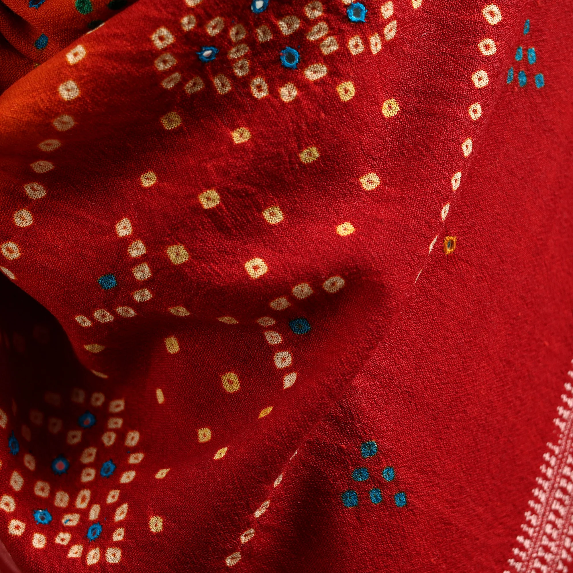 Red - Kutch Handwoven Mirror Work Bandhani Tie-Dye Bagida Merino Wool Shawl 24 - Image 4