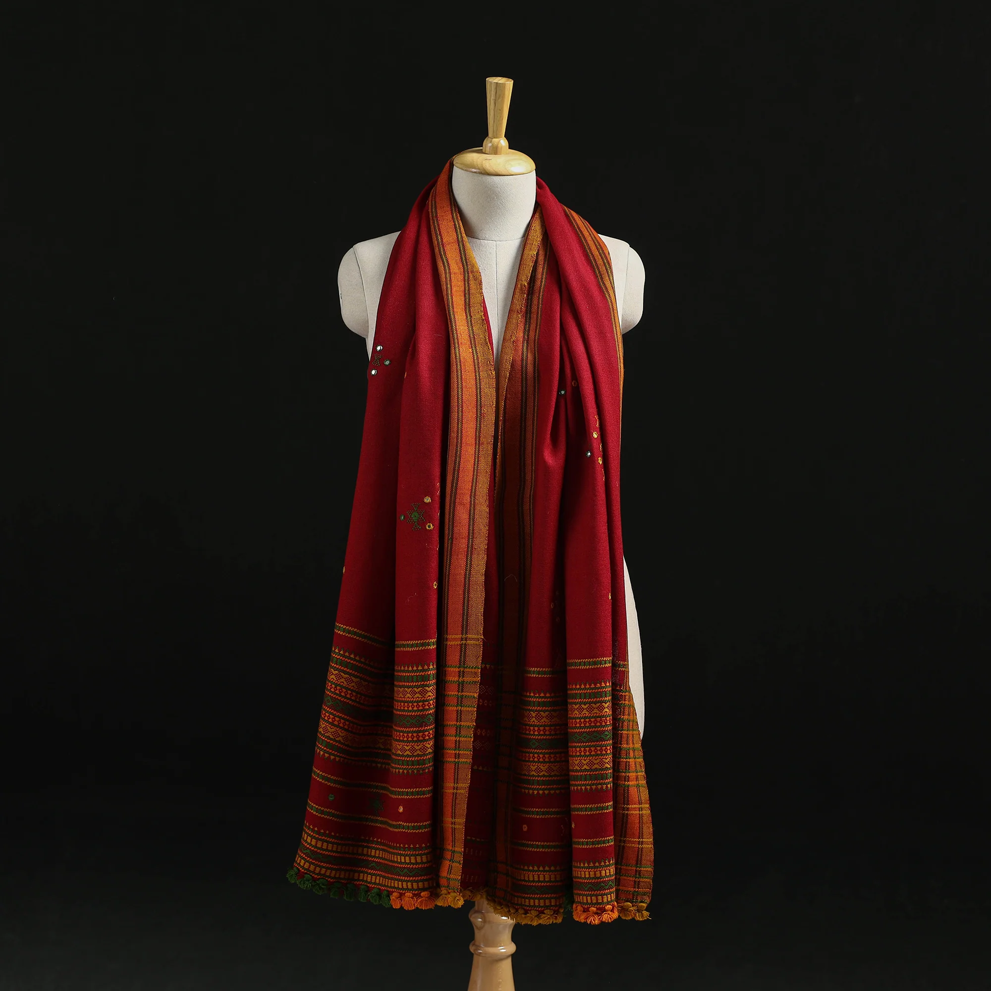 Red - Kutch Handwoven Mirror Work Chomuk Buta Acrylic Wool Shawl 10 - Image 3