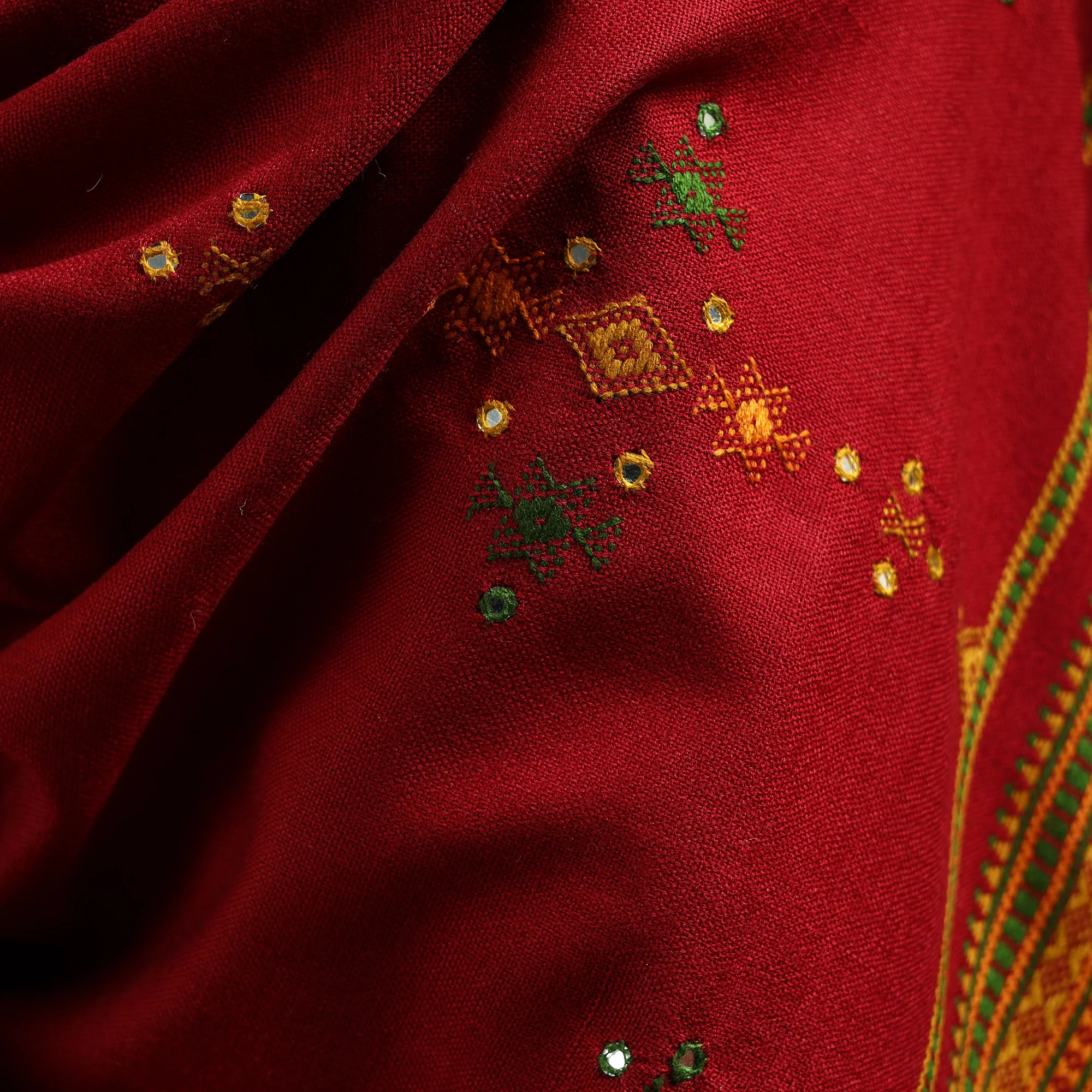 Red - Kutch Handwoven Mirror Work Chomuk Buta Acrylic Wool Shawl 10 - Image 4