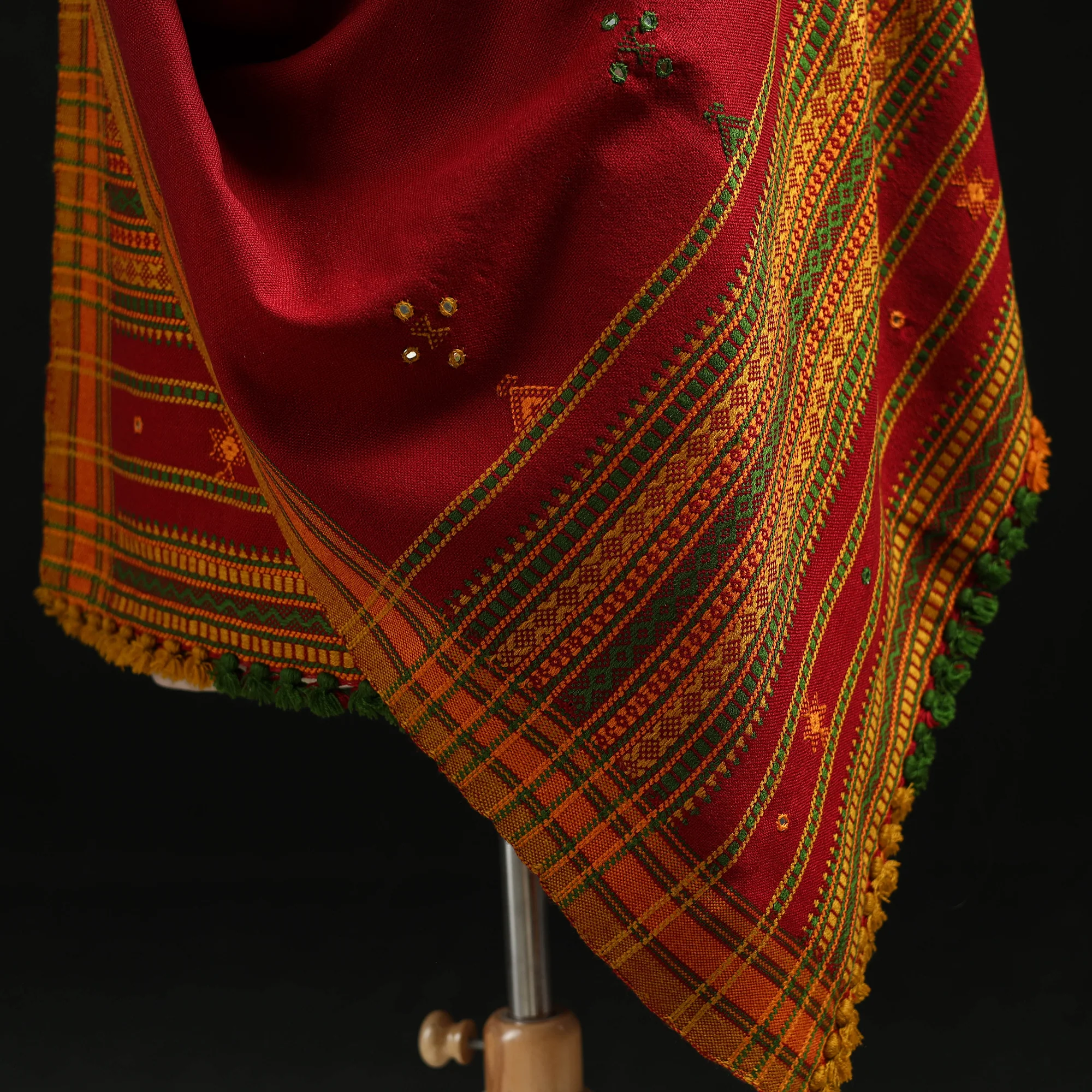 Red - Kutch Handwoven Mirror Work Chomuk Buta Acrylic Wool Shawl 10 - Image 5