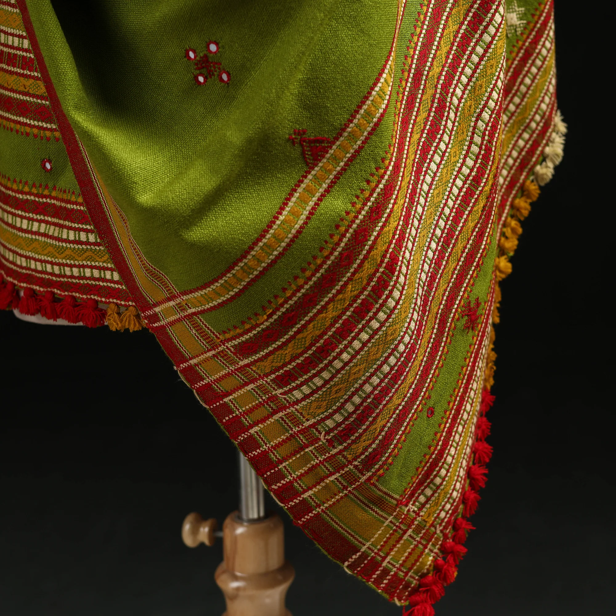 Green - Kutch Handwoven Mirror Work Chomuk Buta Acrylic Wool Shawl 12 - Image 5