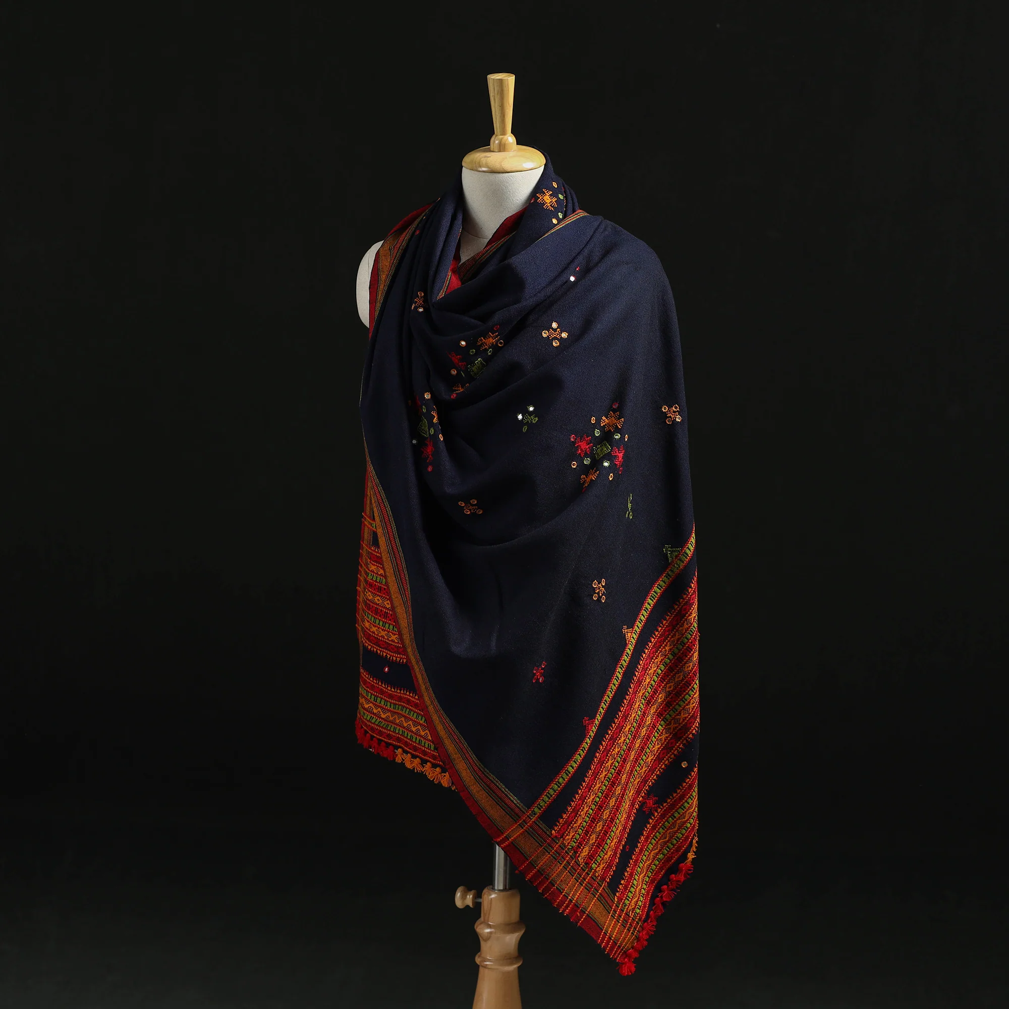 Blue - Kutch Handwoven Mirror Work Chomuk Buta Acrylic Wool Shawl 13