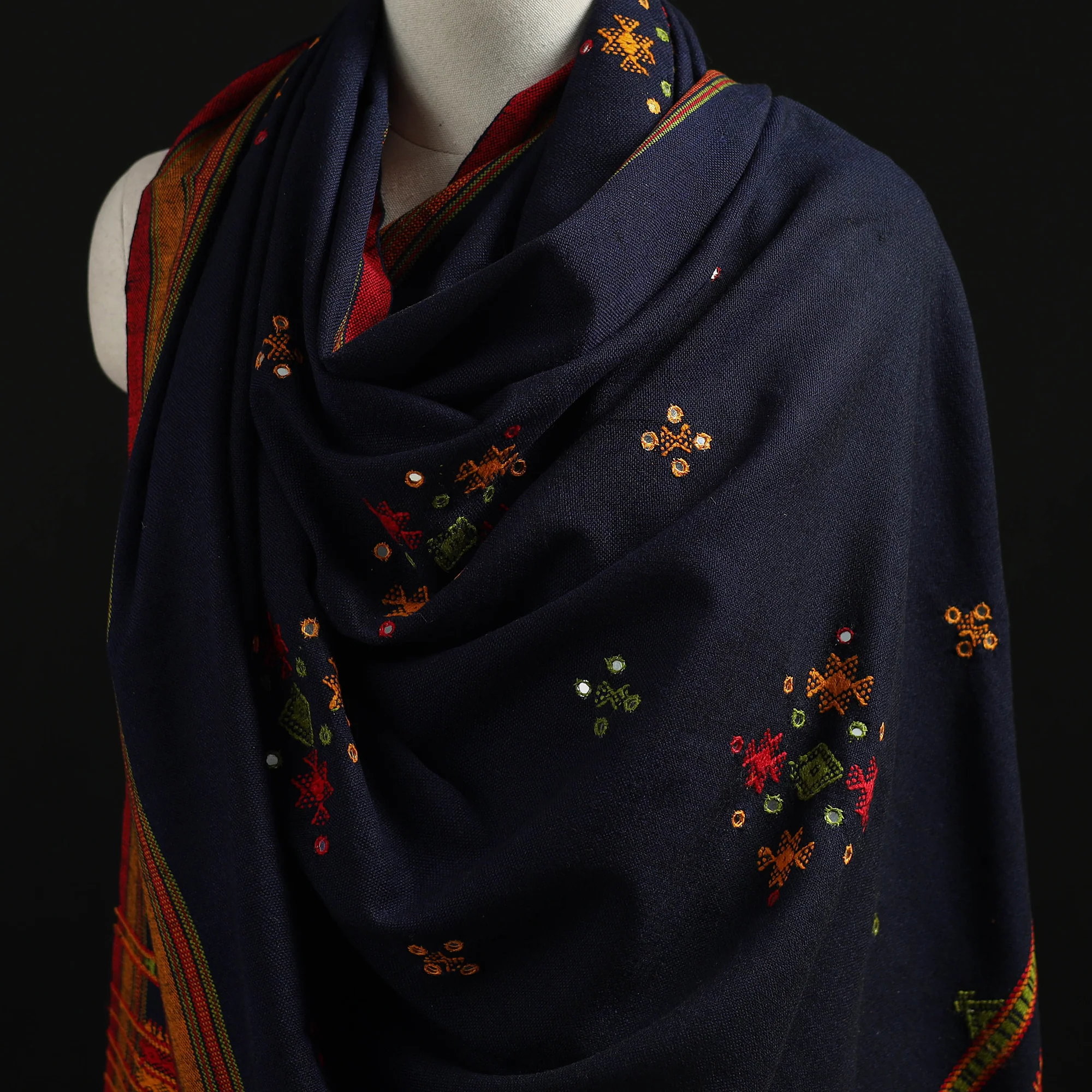 Blue - Kutch Handwoven Mirror Work Chomuk Buta Acrylic Wool Shawl 13 - Image 2