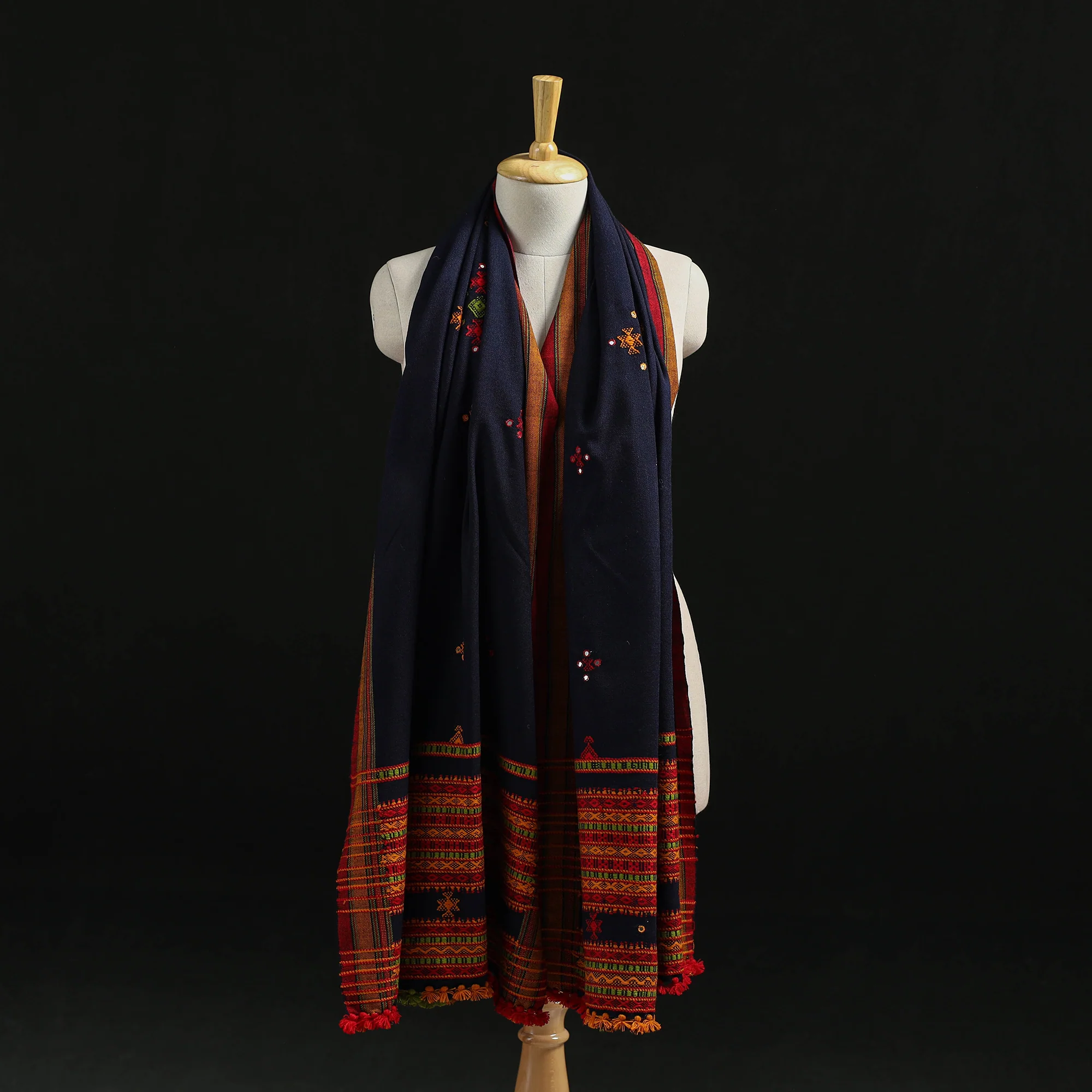 Blue - Kutch Handwoven Mirror Work Chomuk Buta Acrylic Wool Shawl 13 - Image 3