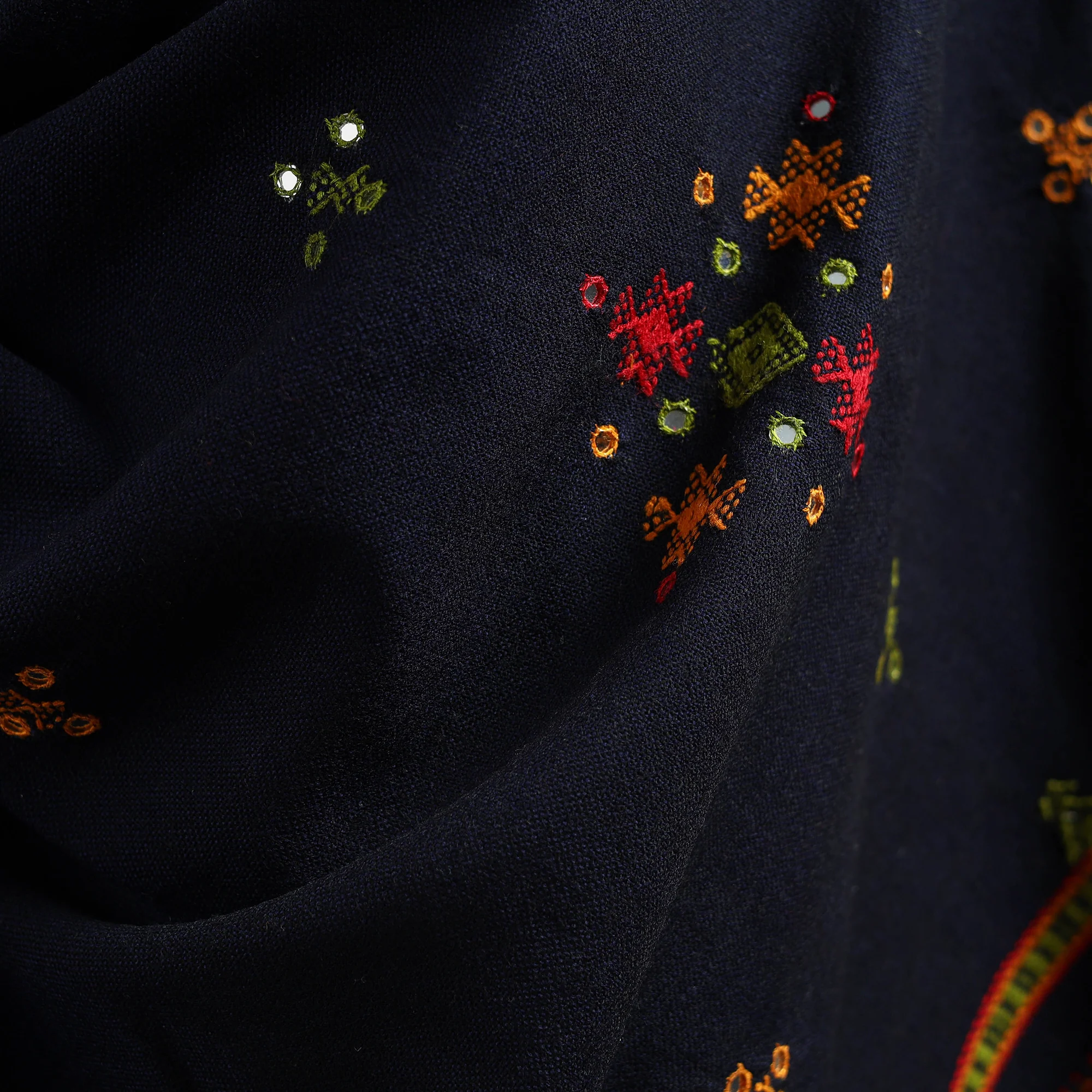 Blue - Kutch Handwoven Mirror Work Chomuk Buta Acrylic Wool Shawl 13 - Image 4