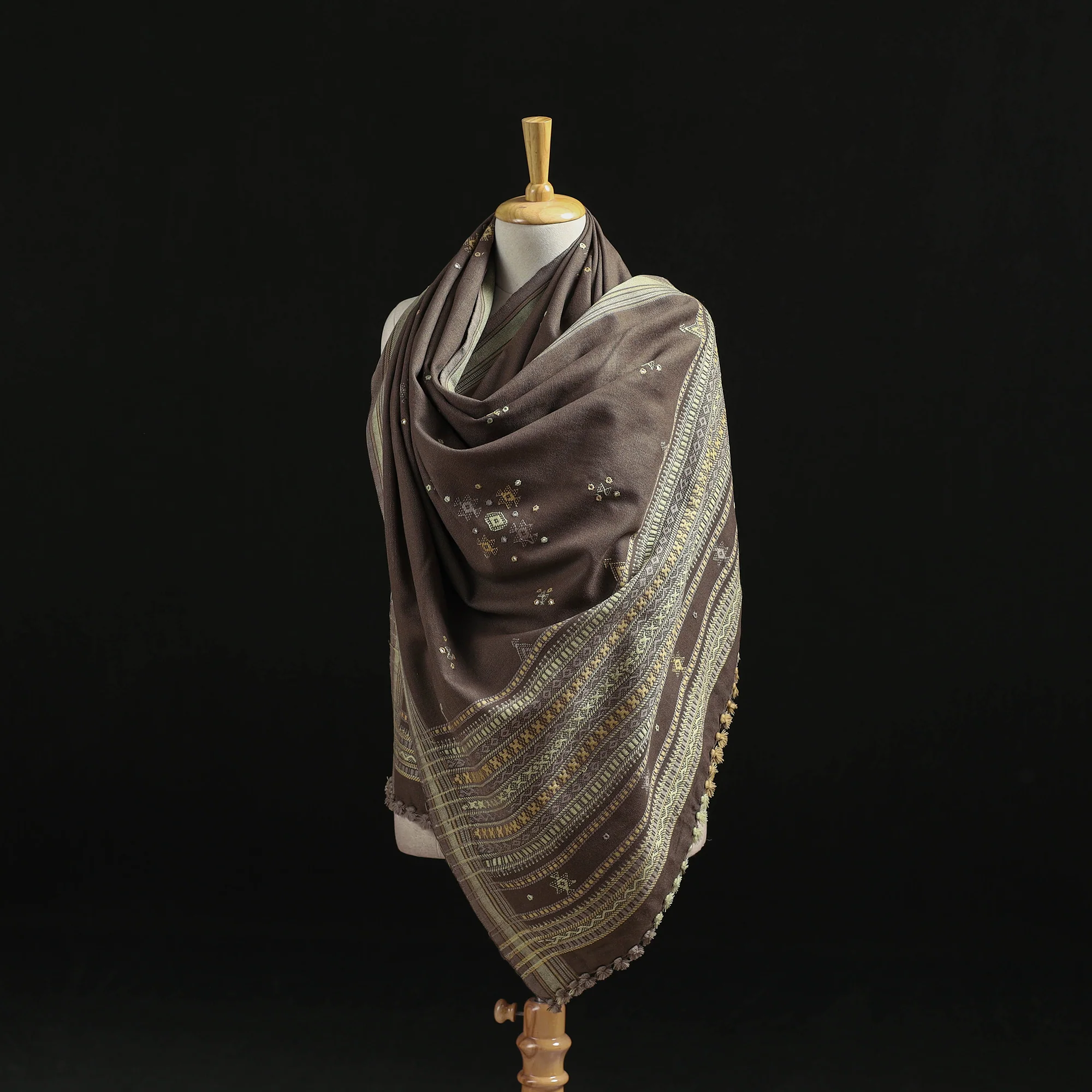 Brown - Kutch Handwoven Mirror Work Chomuk Buta Acrylic Wool Shawl 17