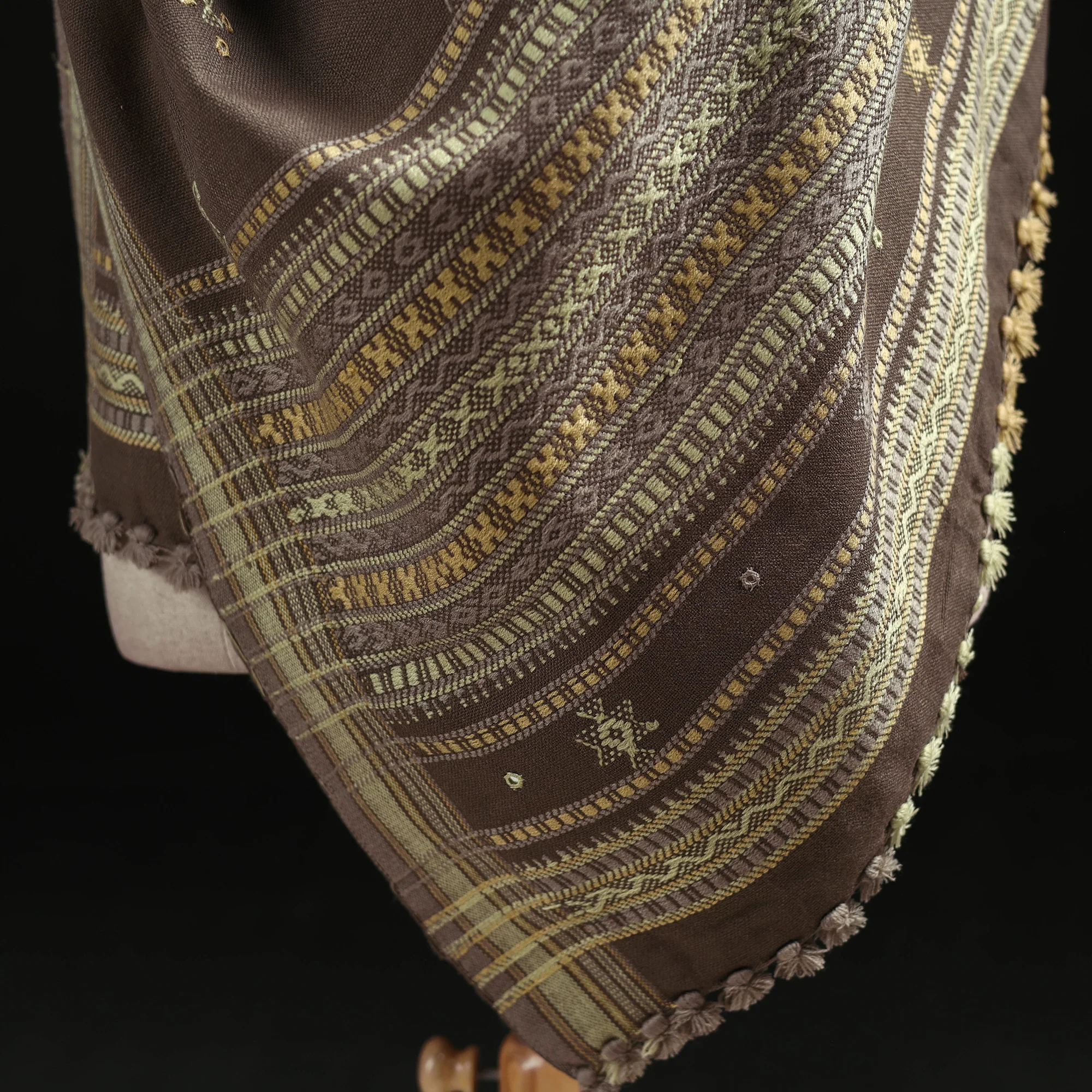 Brown - Kutch Handwoven Mirror Work Chomuk Buta Acrylic Wool Shawl 17 - Image 5