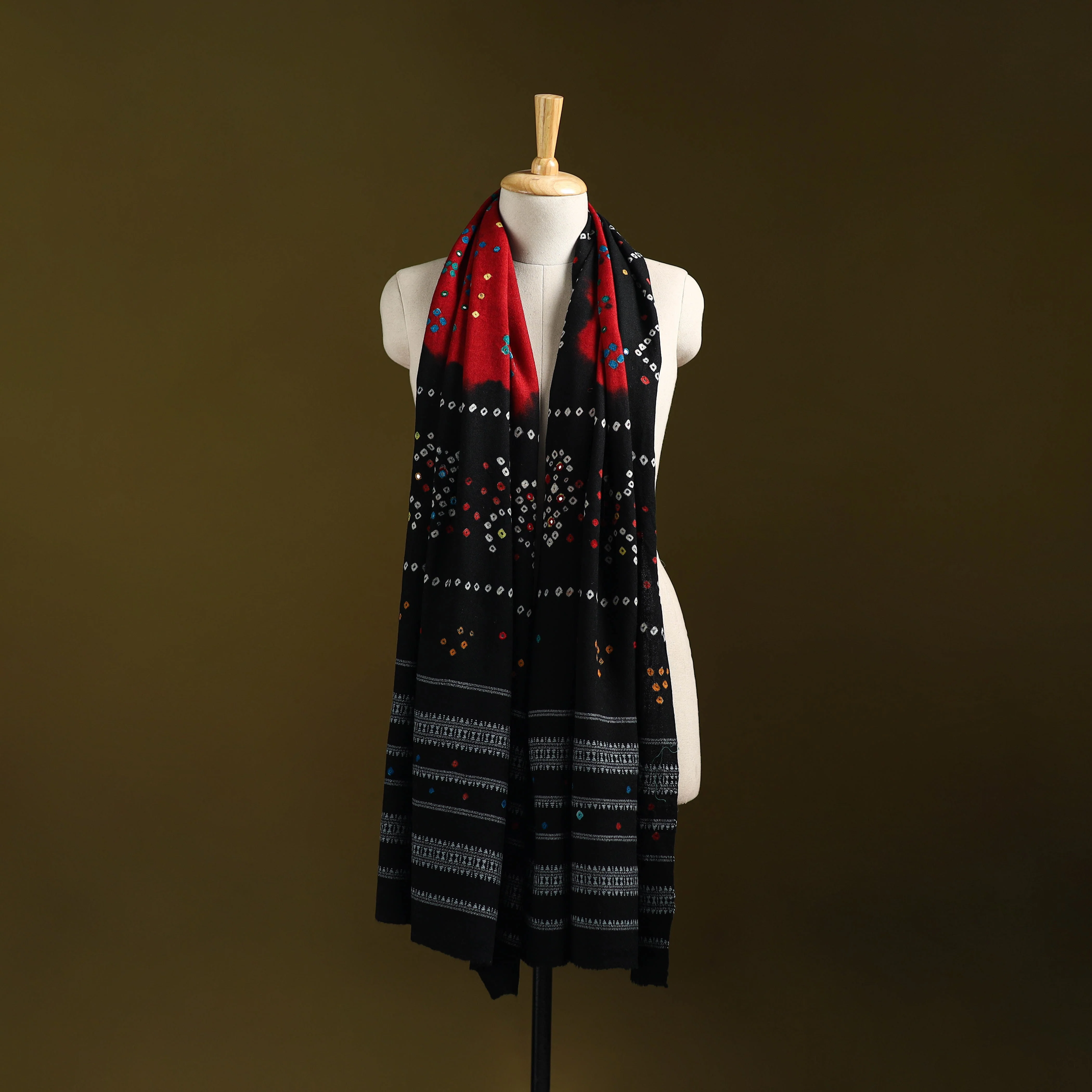 Black - Kutch Mirror Work Handwoven Bandhani Bagida Merino Wool Shawl 02 - Image 5