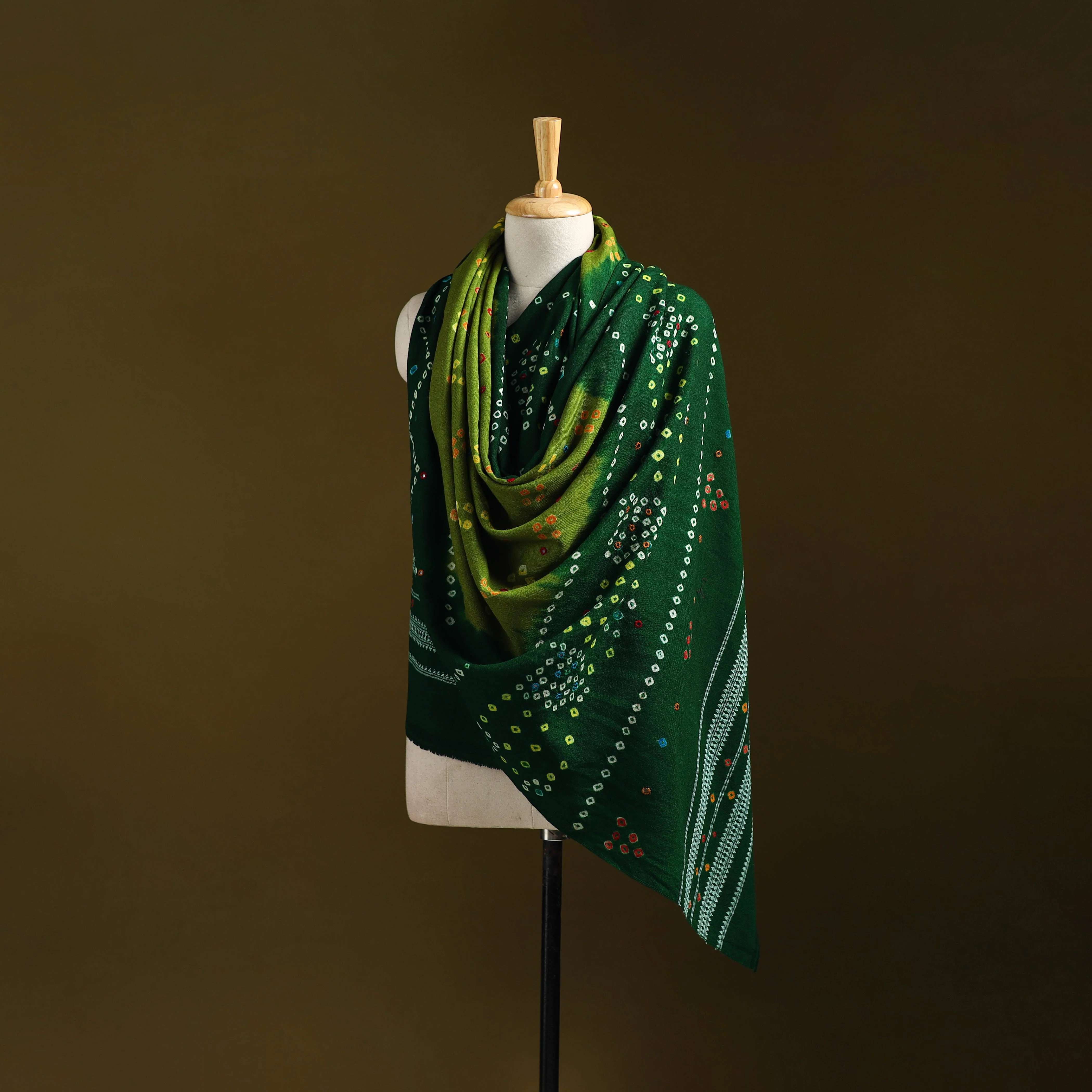 Green - Kutch Mirror Work Handwoven Bandhani Bagida Merino Wool Shawl 07