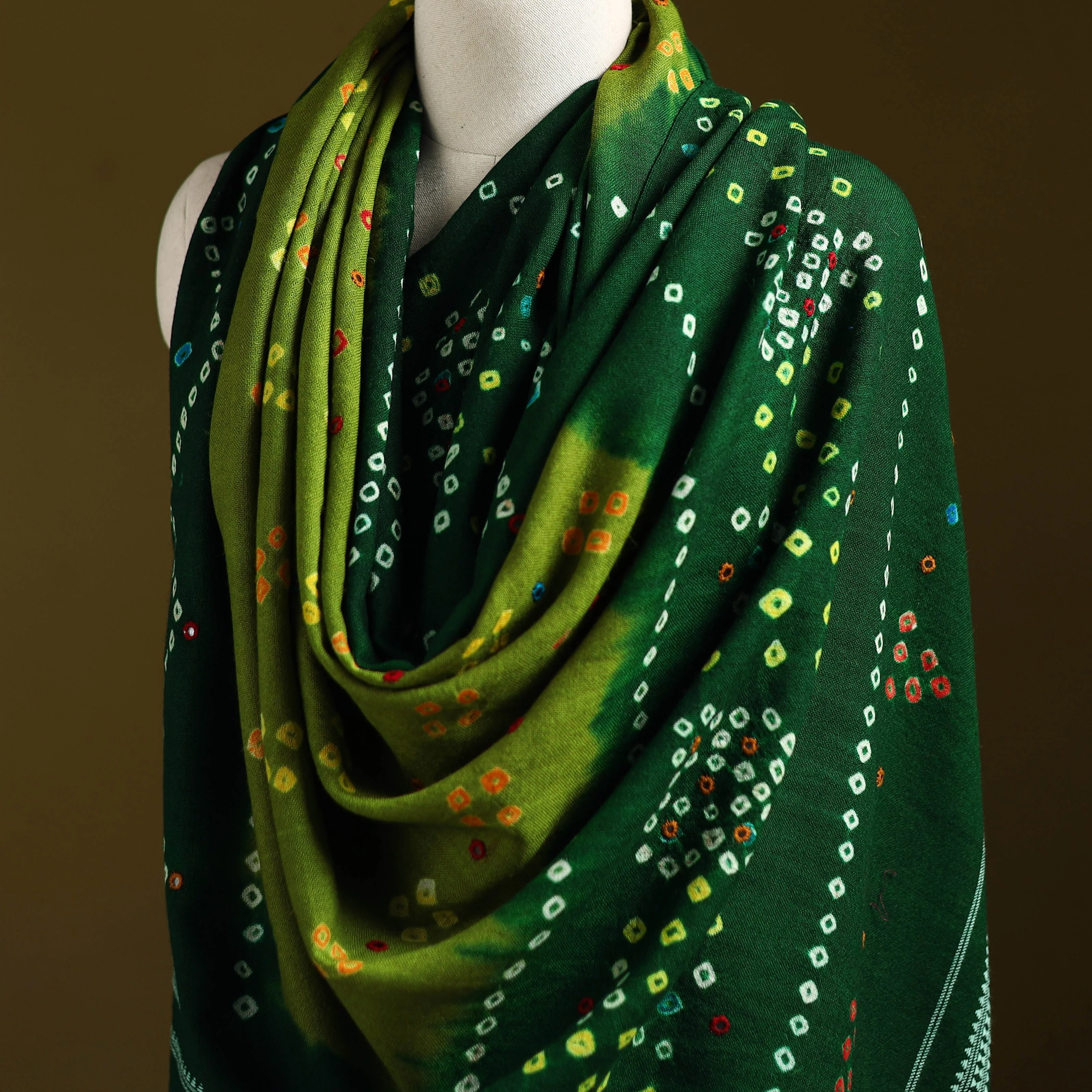 Green - Kutch Mirror Work Handwoven Bandhani Bagida Merino Wool Shawl 07 - Image 2