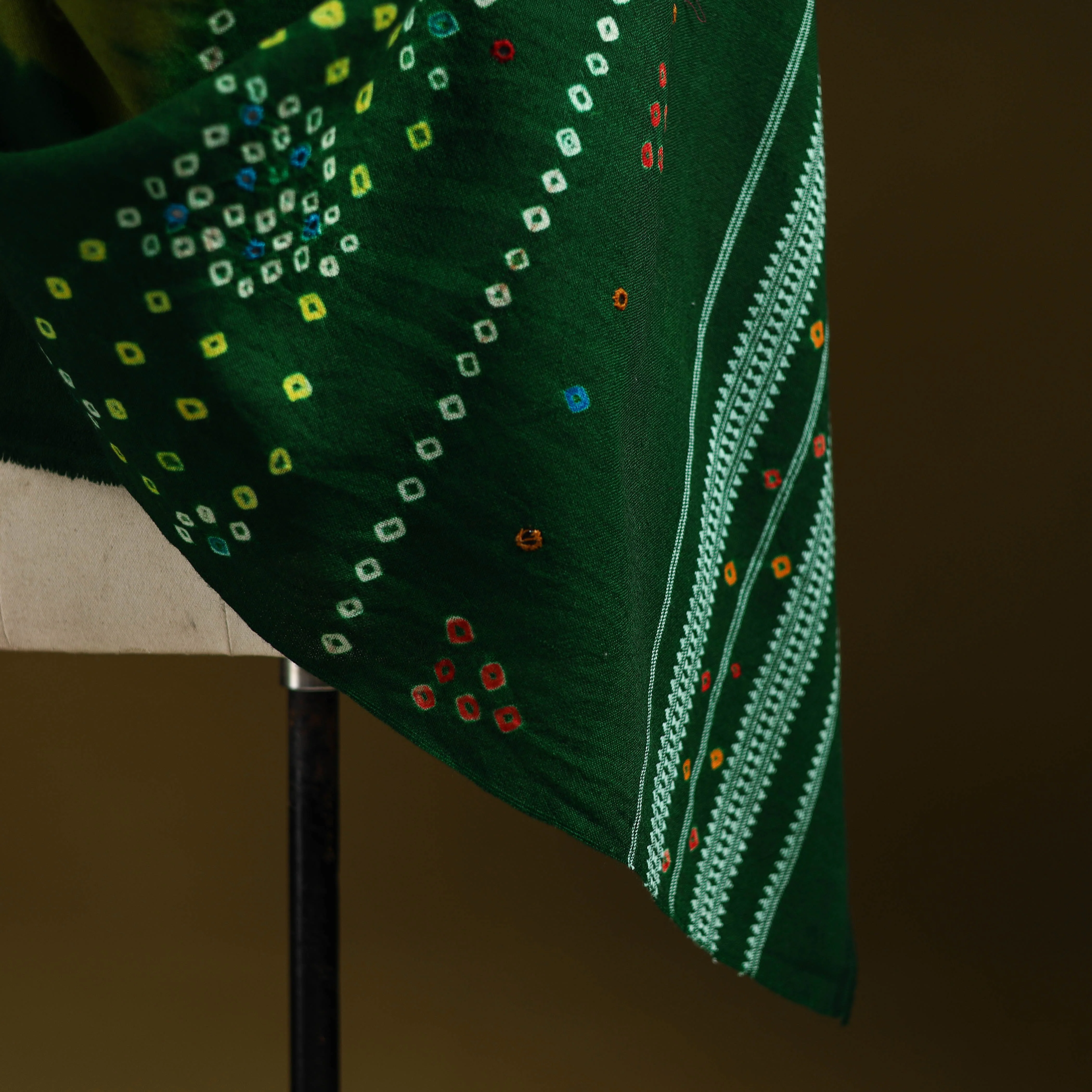 Green - Kutch Mirror Work Handwoven Bandhani Bagida Merino Wool Shawl 07 - Image 4
