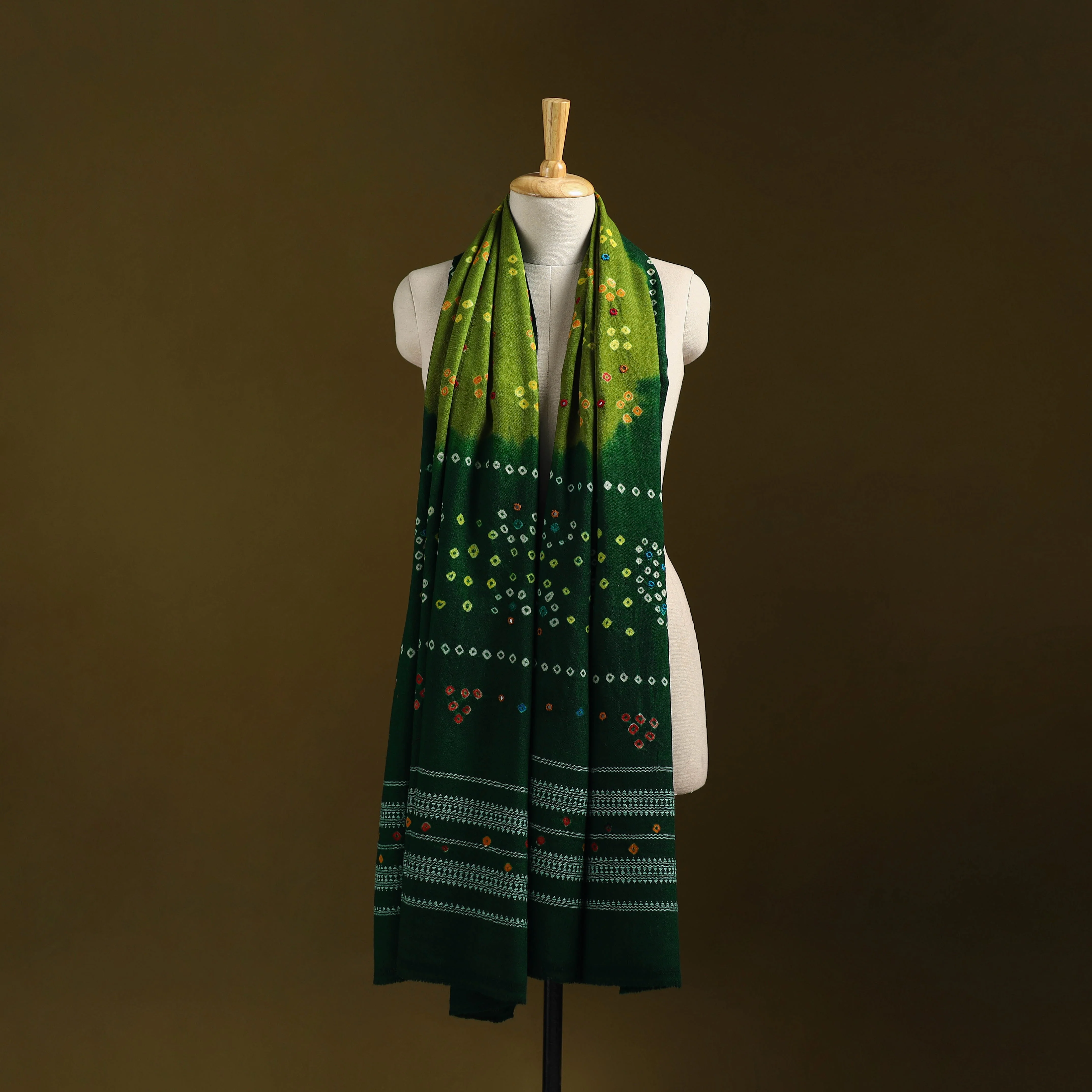 Green - Kutch Mirror Work Handwoven Bandhani Bagida Merino Wool Shawl 07 - Image 5