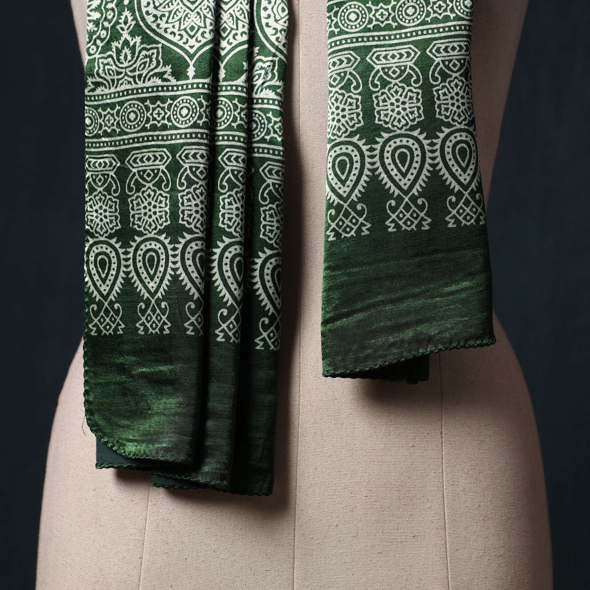 Green - Kutch Printed Mashru Silk Stole 19 - Image 2