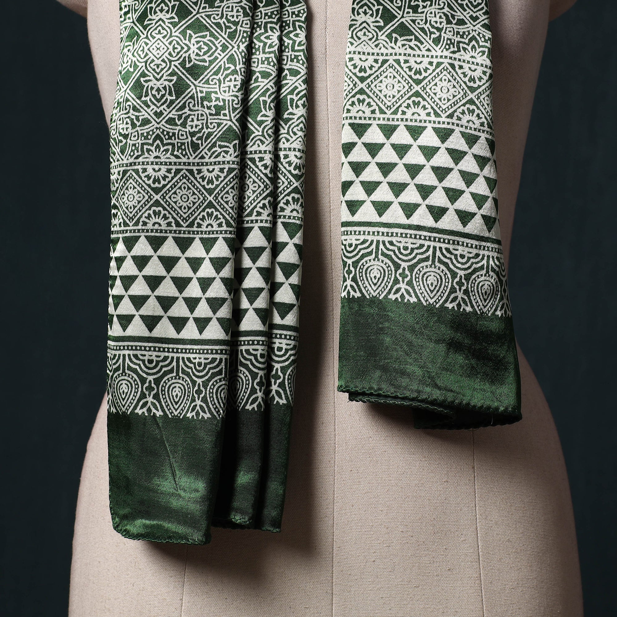 Green - Kutch Printed Mashru Silk Stole 28 - Image 2