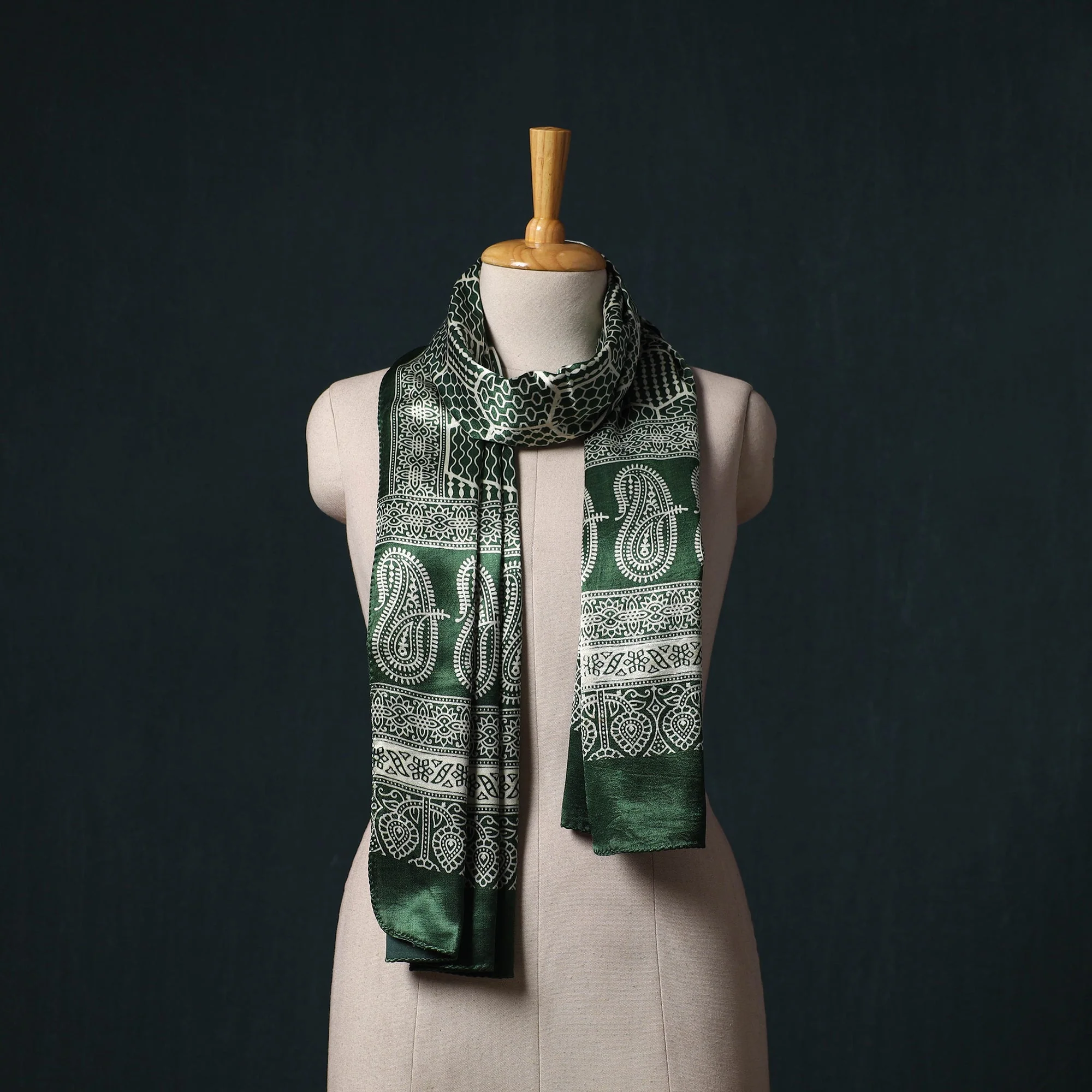 Green - Kutch Printed Mashru Silk Stole 33