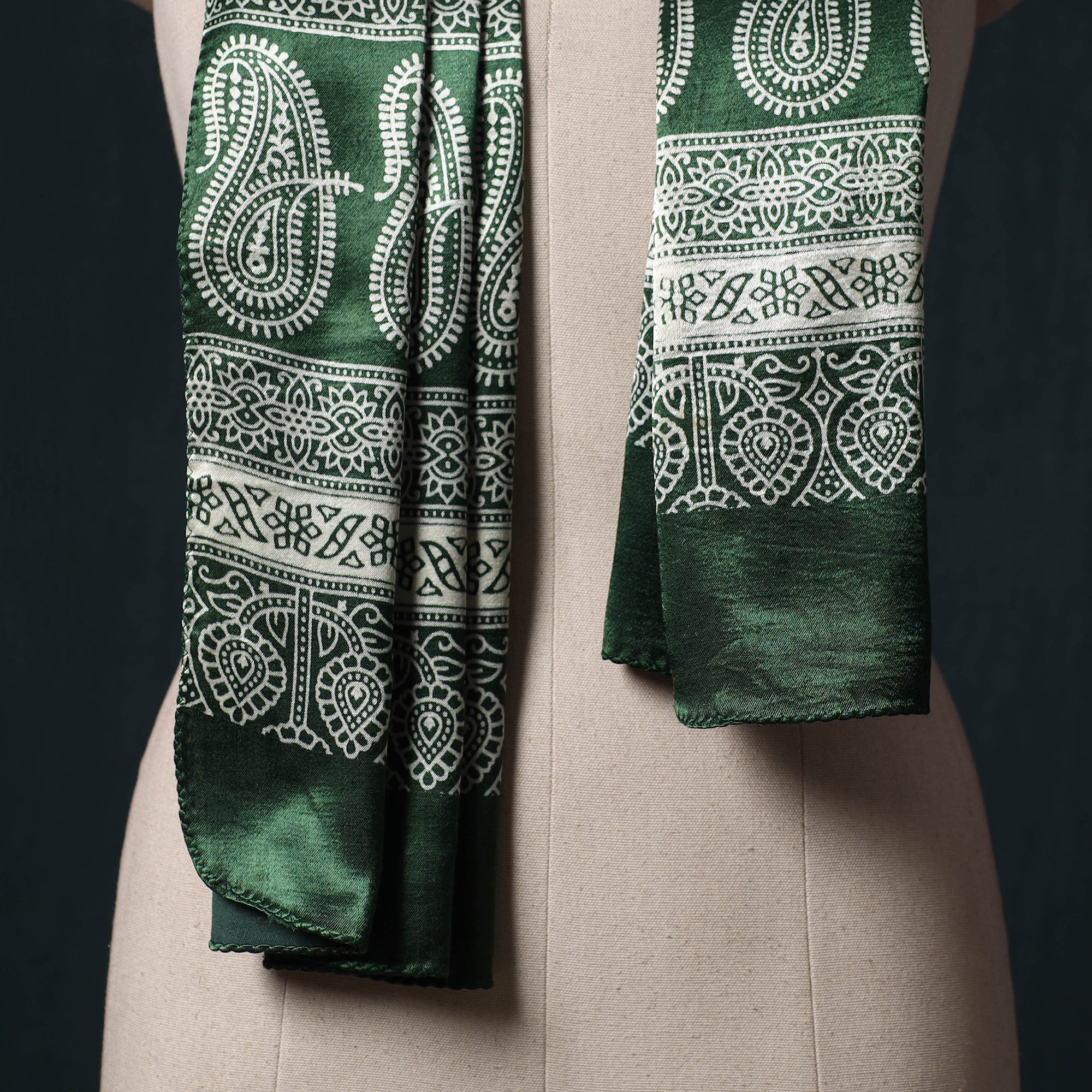 Green - Kutch Printed Mashru Silk Stole 33 - Image 2