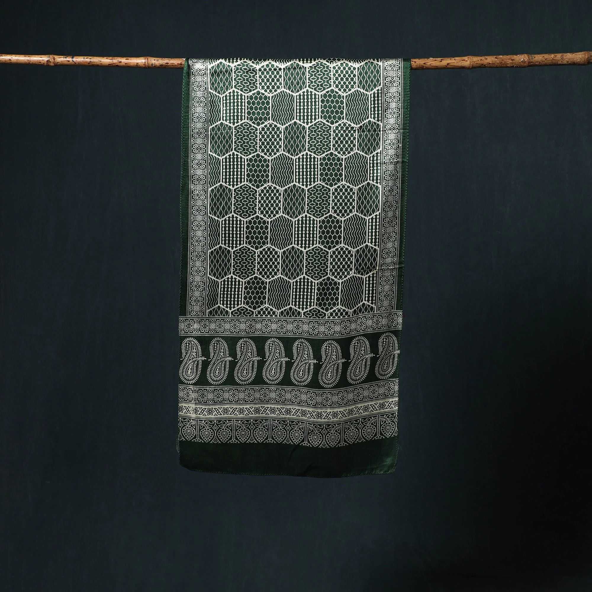 Green - Kutch Printed Mashru Silk Stole 33 - Image 3