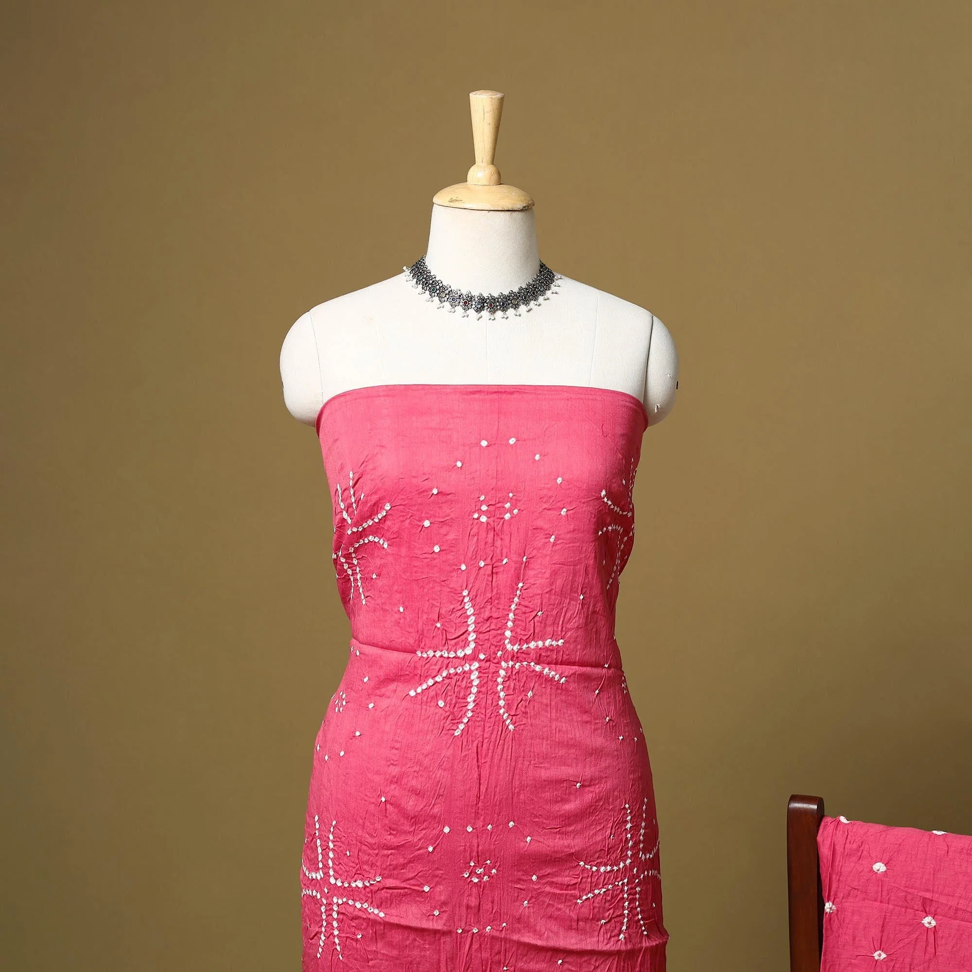 Pink - Kutch Tie-Dye Bandhani Satin Cotton 3pc Unstitched Dress Material 08 - Image 3