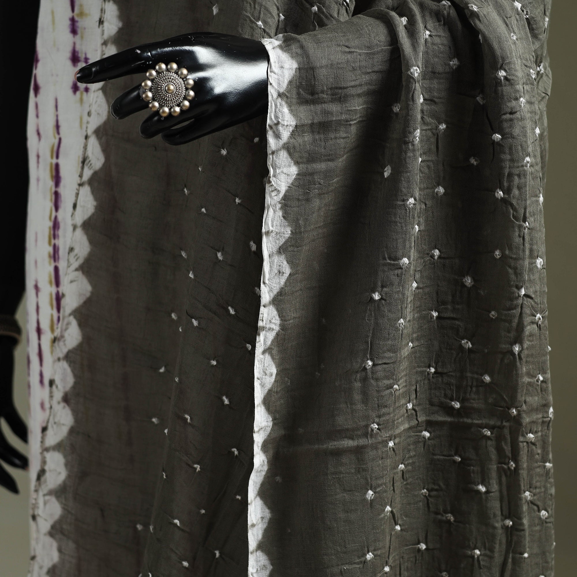 Grey - Kutch Tie-Dye Pure Mul Cotton Bandhani Dupatta 31 - Image 3