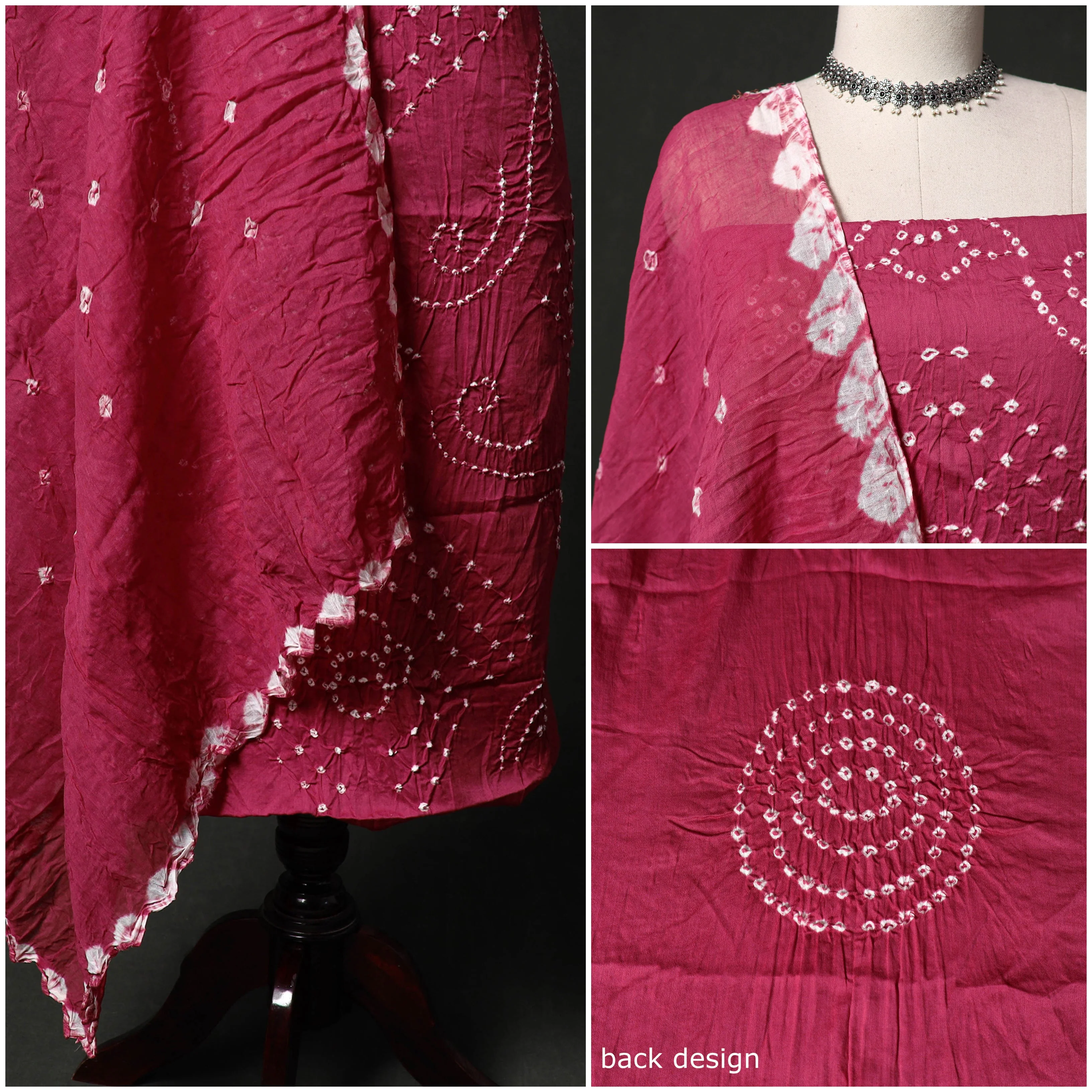 Pink - Kutch Tie-Dye Satin Cotton Bandhani 3pc Unstitched Dress Material 04 - Image 3