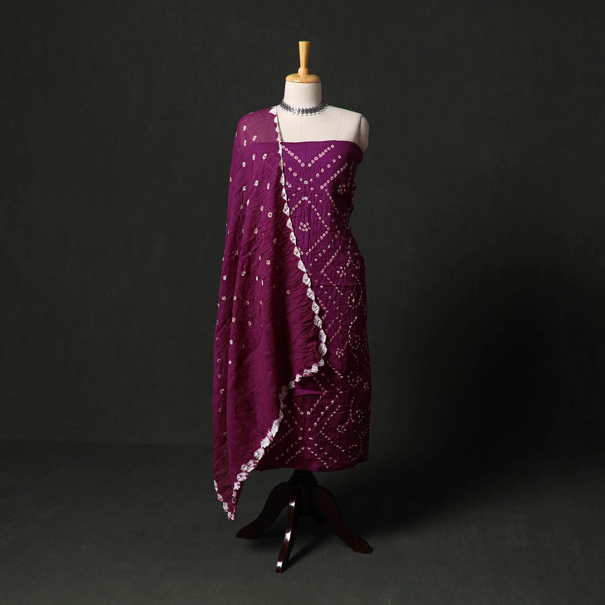 Purple - Kutch Tie-Dye Satin Cotton Bandhani 3pc Unstitched Dress Material 10