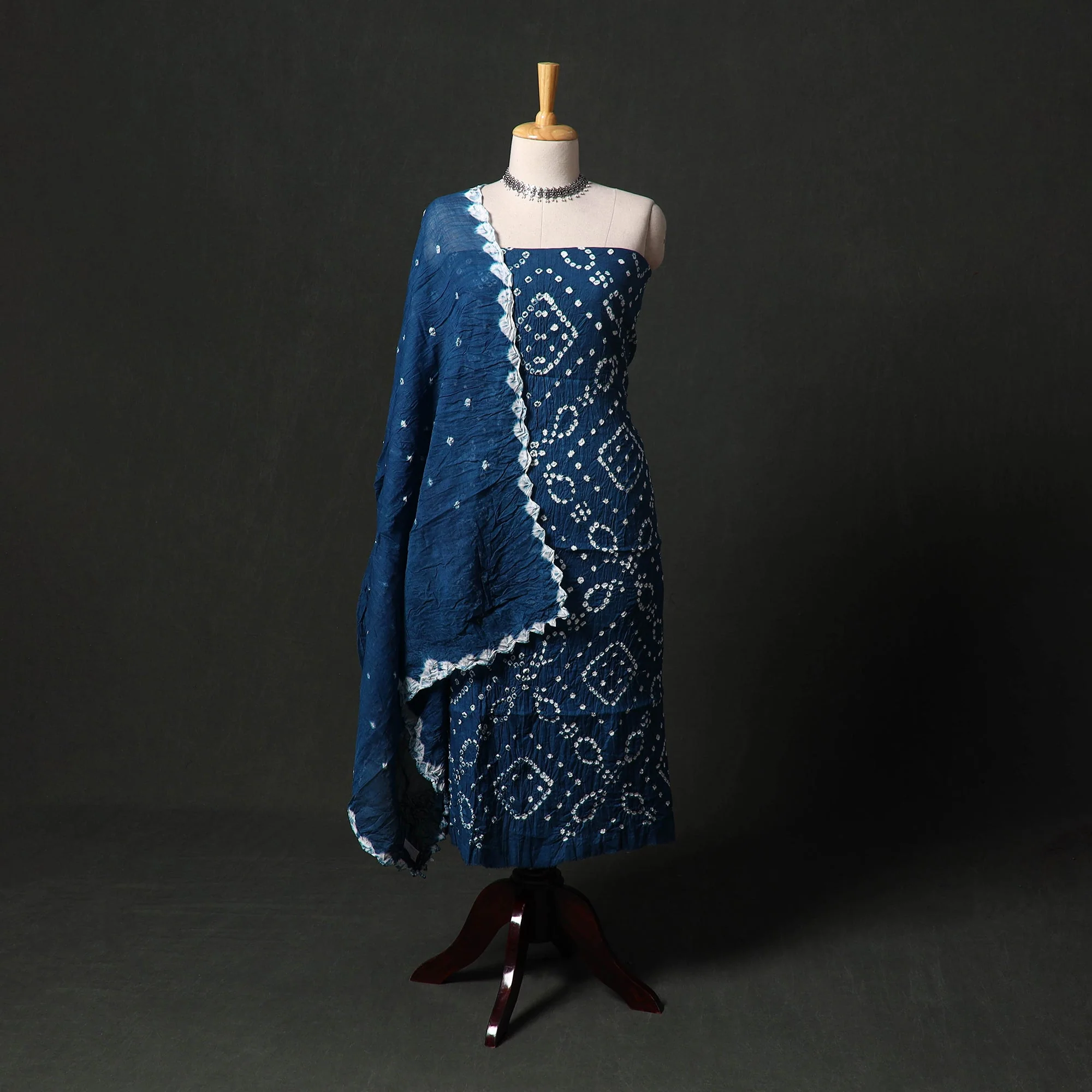 Blue - Kutch Tie-Dye Satin Cotton Bandhani 3pc Unstitched Dress Material 112