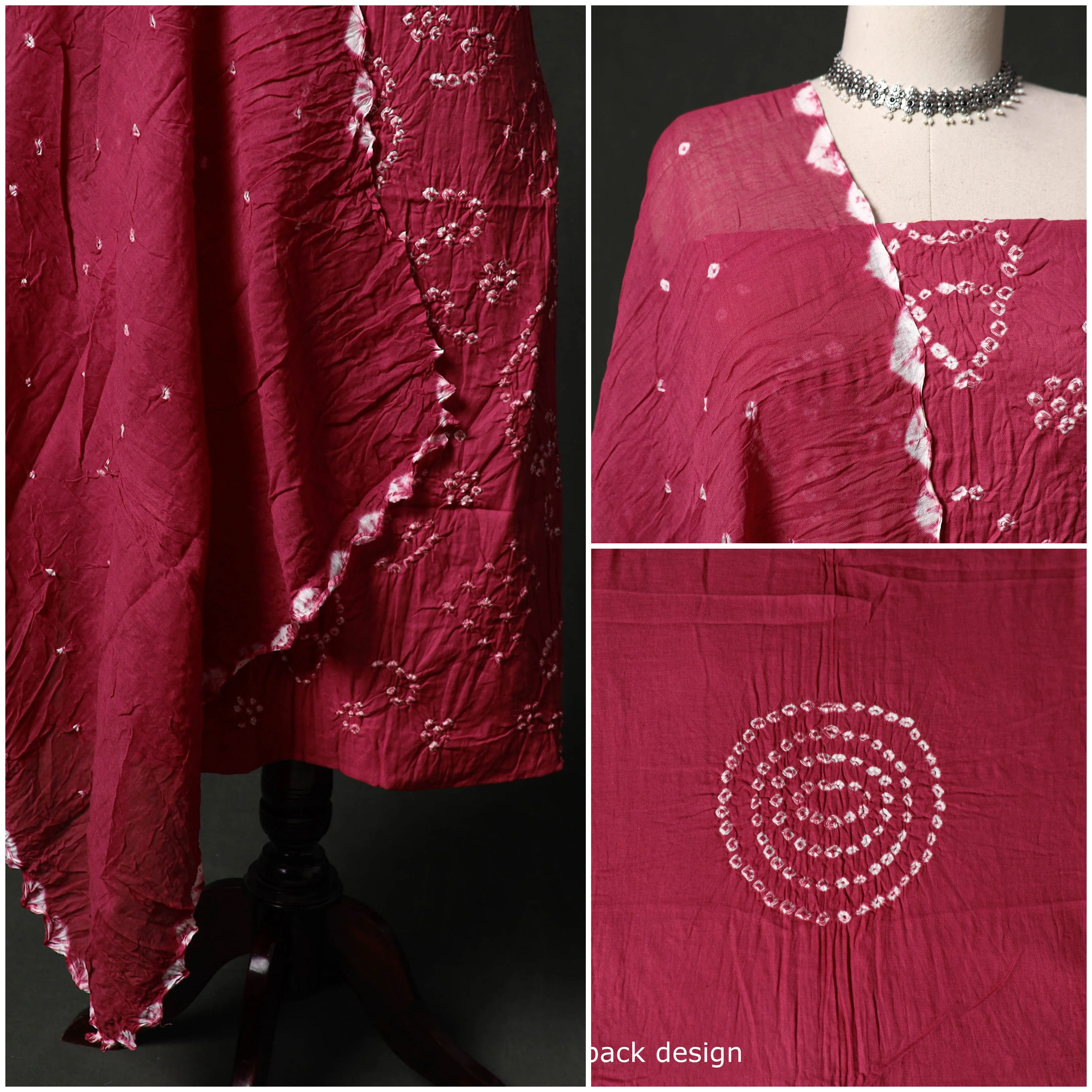 Pink - Kutch Tie-Dye Satin Cotton Bandhani 3pc Unstitched Dress Material 12 - Image 3