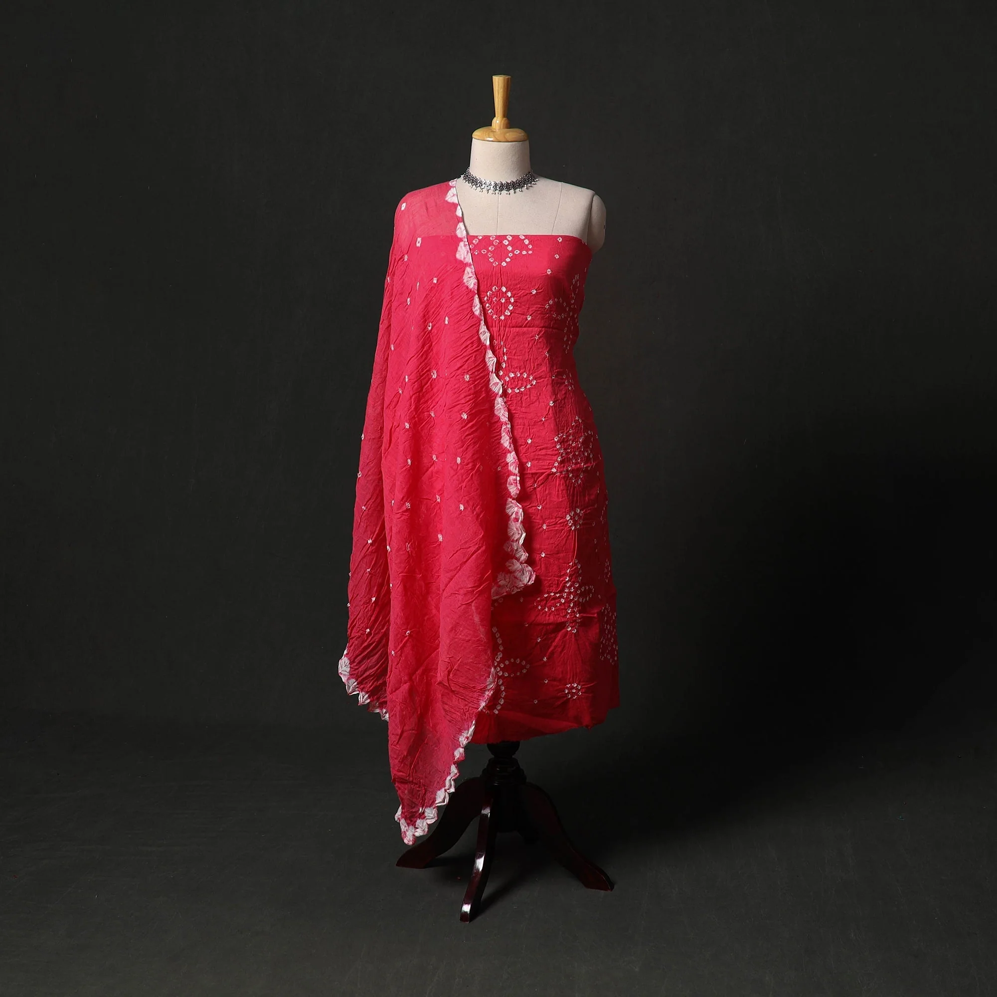 Pink - Kutch Tie-Dye Satin Cotton Bandhani 3pc Unstitched Dress Material 121